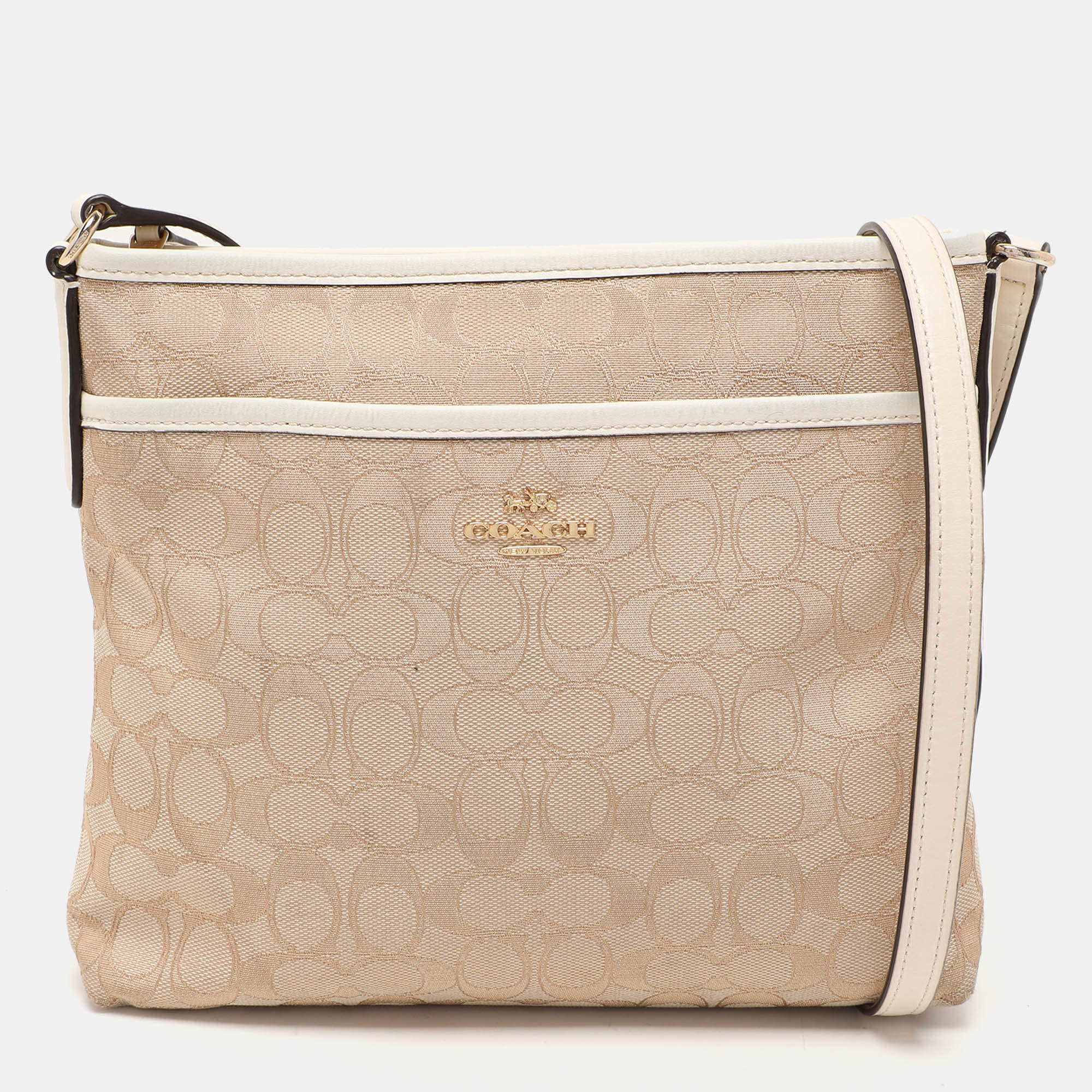 Coach Beige/White Signature Canvas and Leather Swingpack File Crossbody Bag