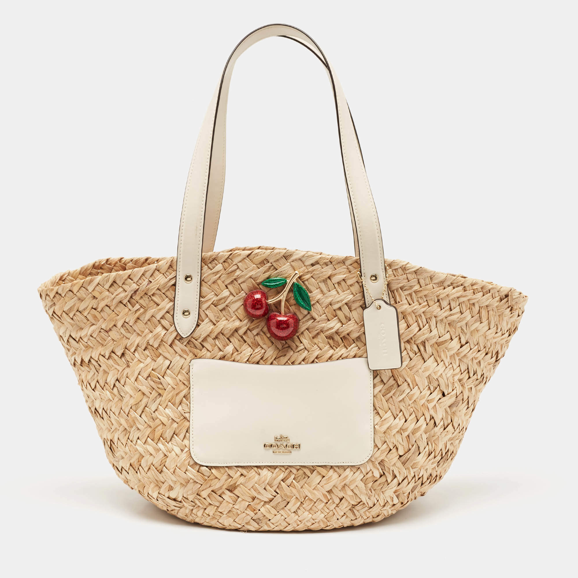 Pre Owned Coach Beige/White Raffia Straw and Leather Cherry Basket Tote