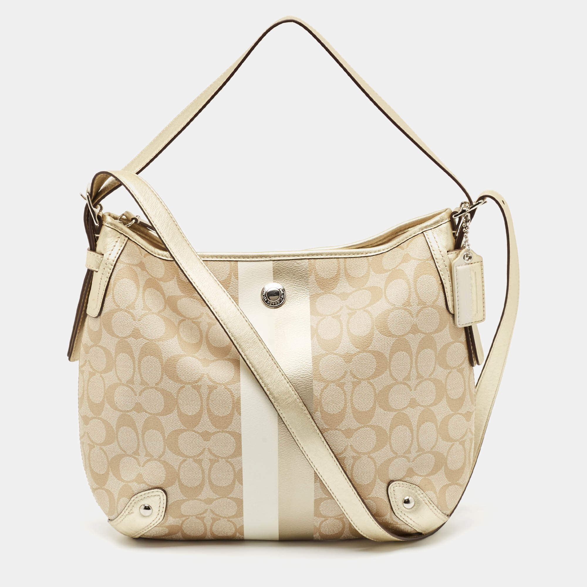 Pre Owned Coach Gold/Beige Signature Coated Canvas and Leather Chelsea Heritage Stripe Hobo