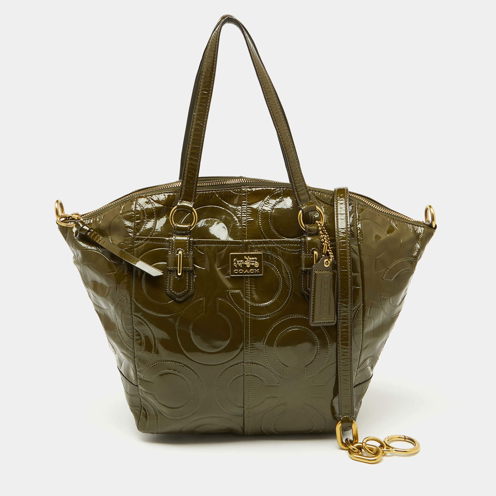 Pre Owned Coach Olive Green Op Art Embossed Patent Leather Madison Satchel