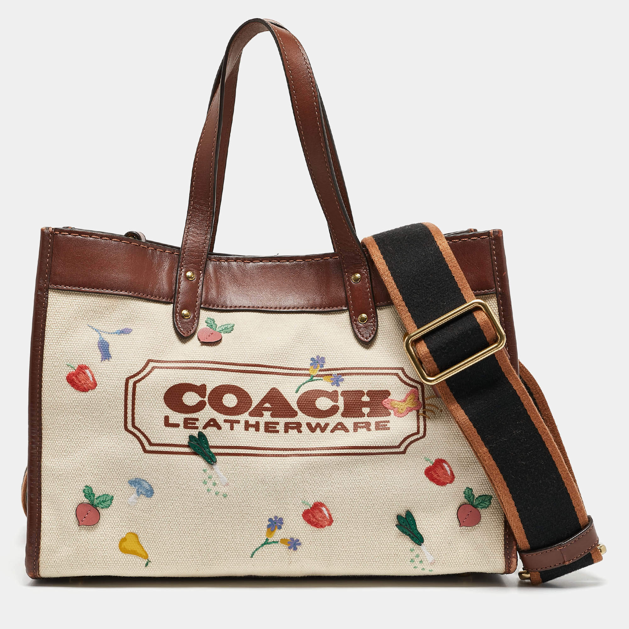 Coach Beige/Cream Canvas and Leather Garden Embroidery Field 30 Tote 