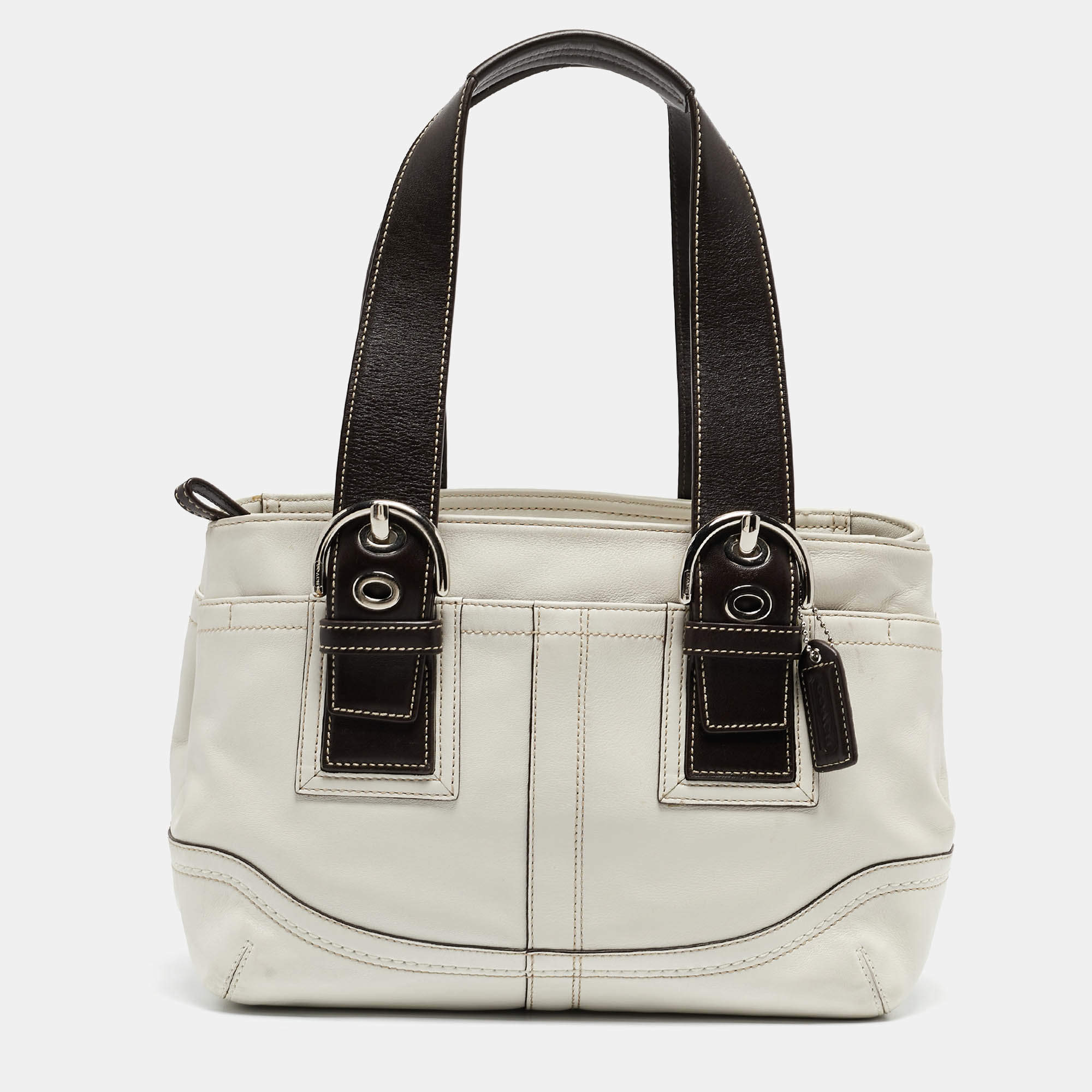 Pre Owned Coach White/Choco Brown Leather Tote