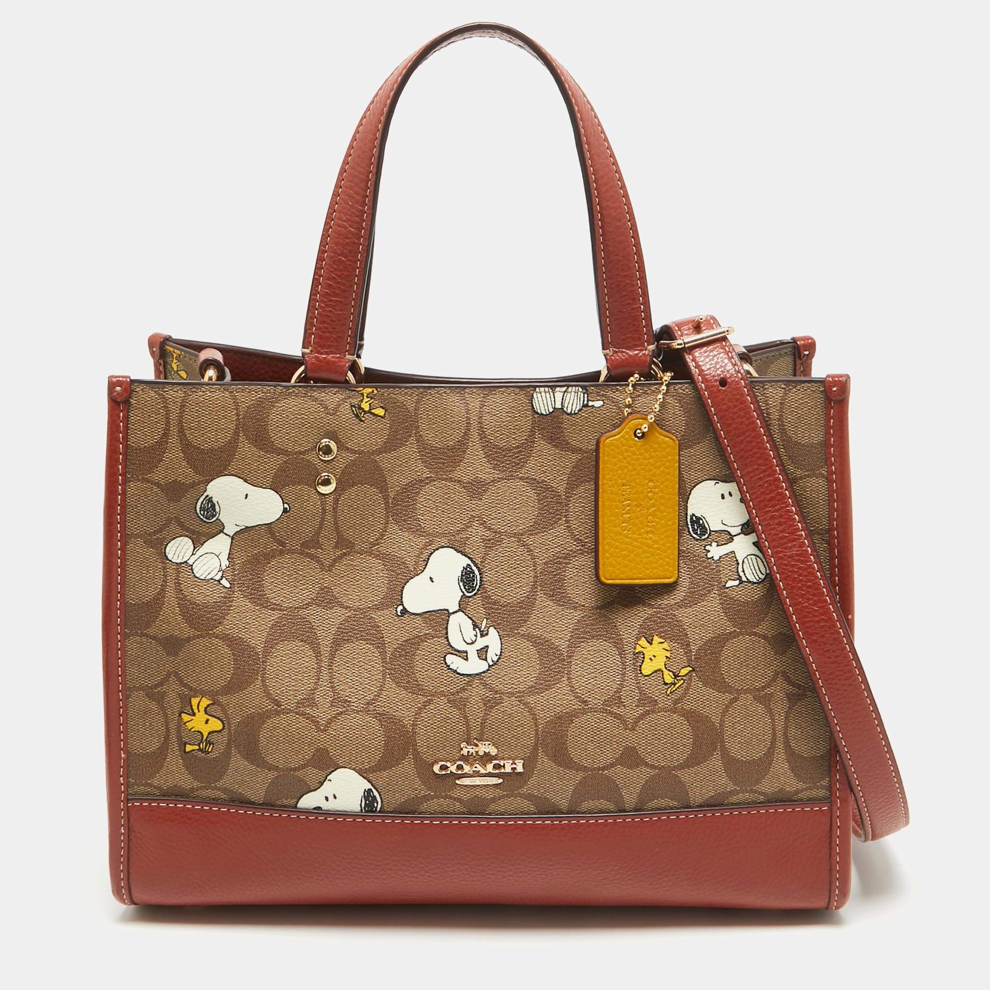 Coach x Peanuts Khaki/Woody Red Snoopy Woodstock Print Coated Canvas Dempsey Carryall Bag