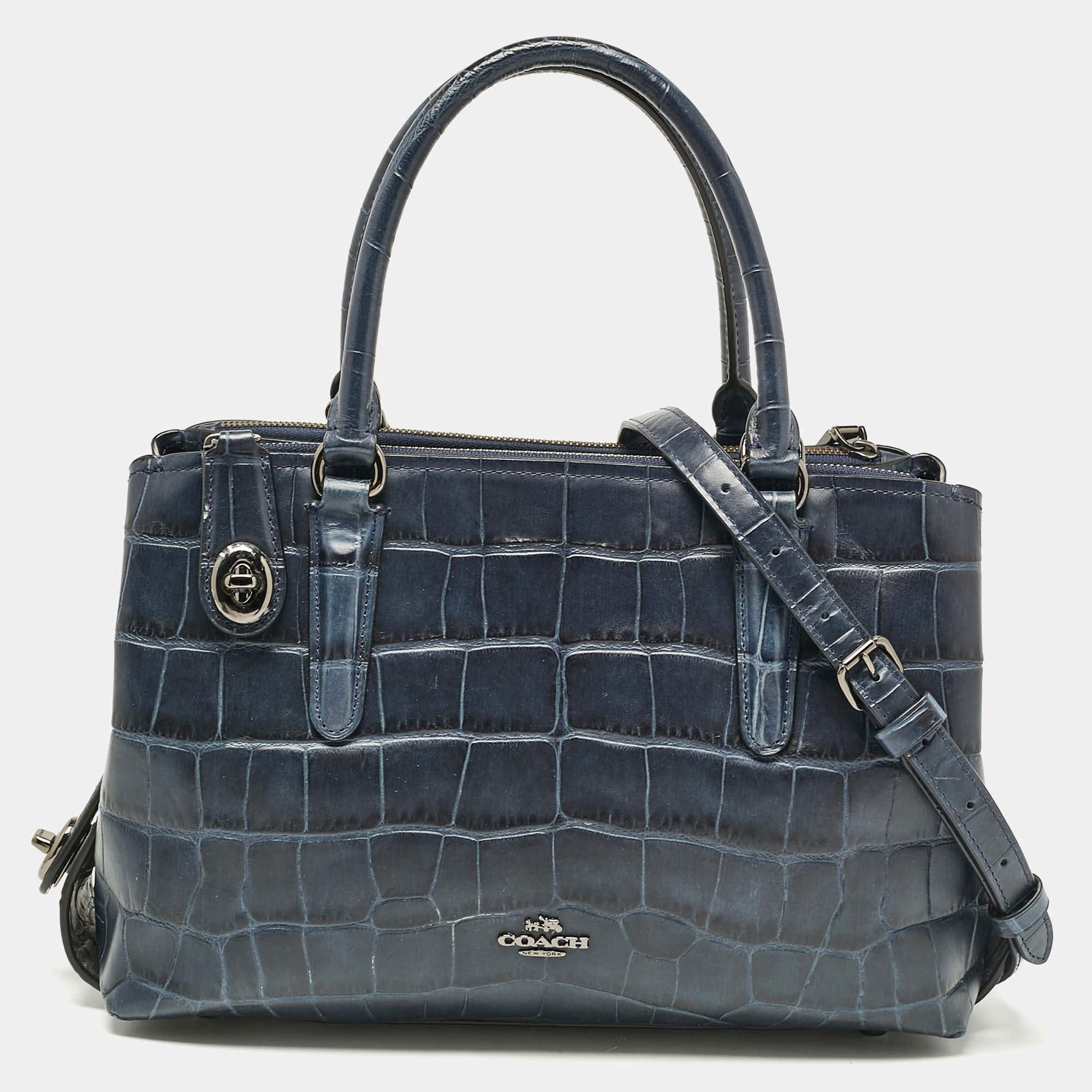 Coach Navy Blue Croc Embossed Leather Brooklyn Carryall Satchel