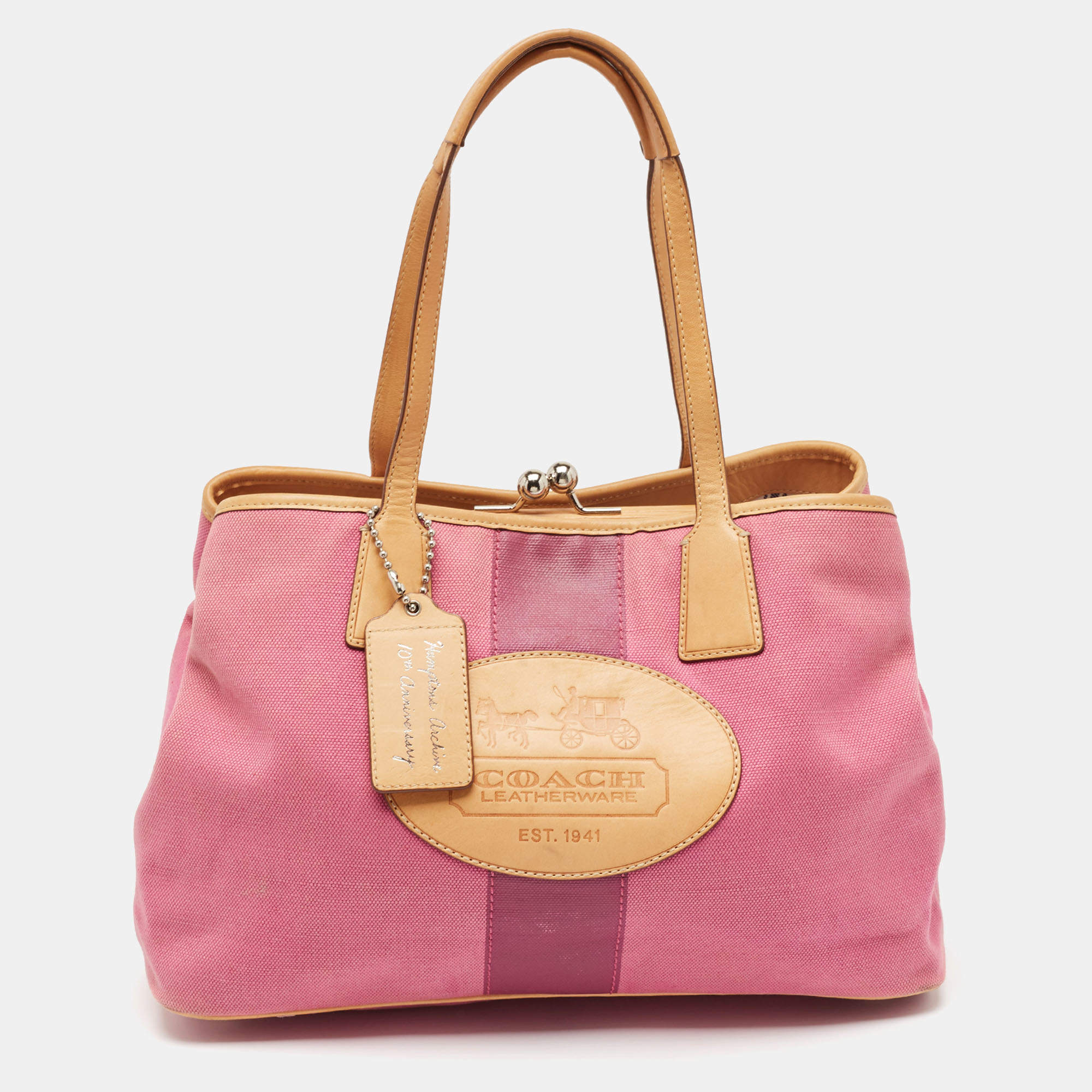 Pre Owned Coach Pink/Beige Canvas and Leather Hamptons Archive 10th Anniversary Tote