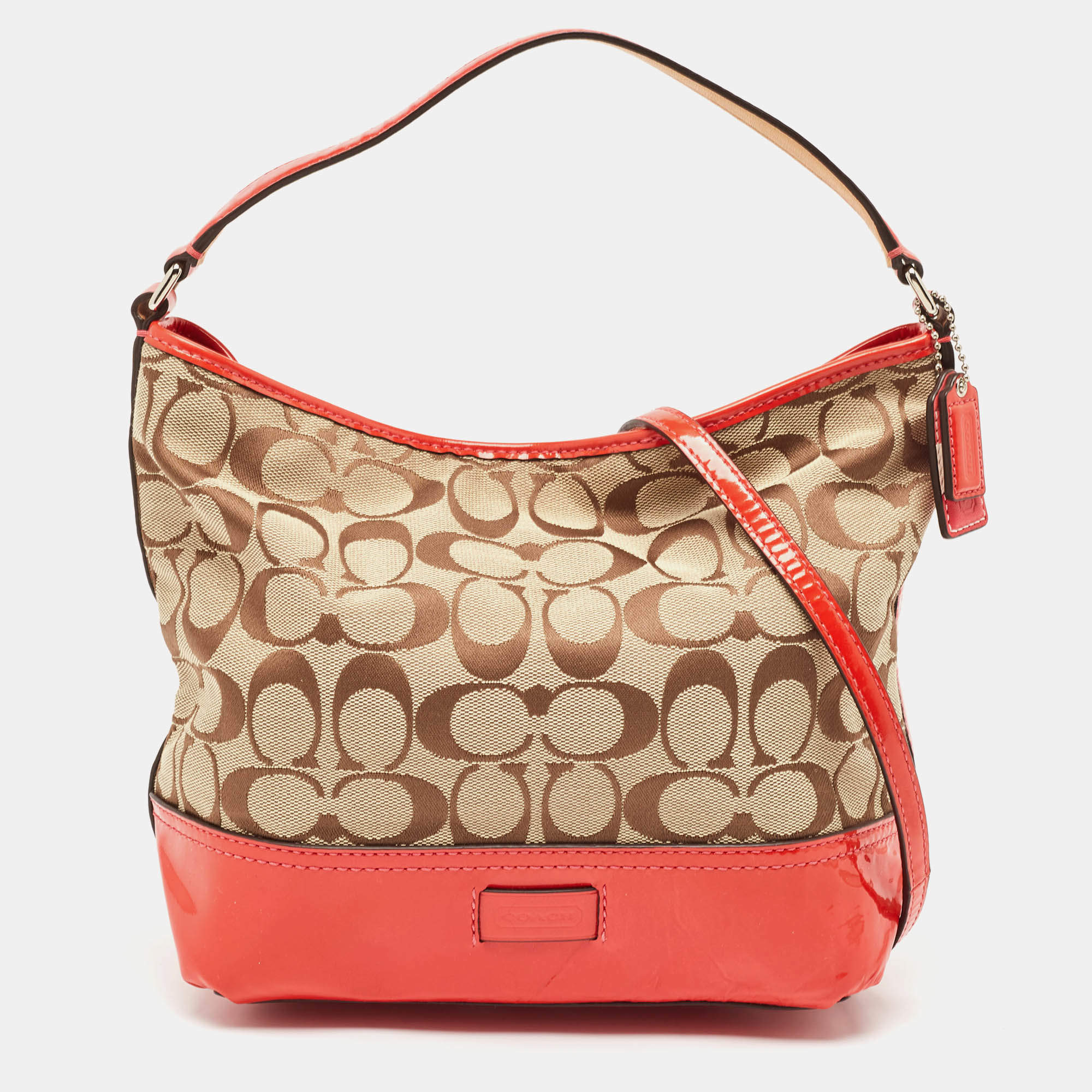 Coach Orange/Beige Signature Canvas and Patent Leather Hobo