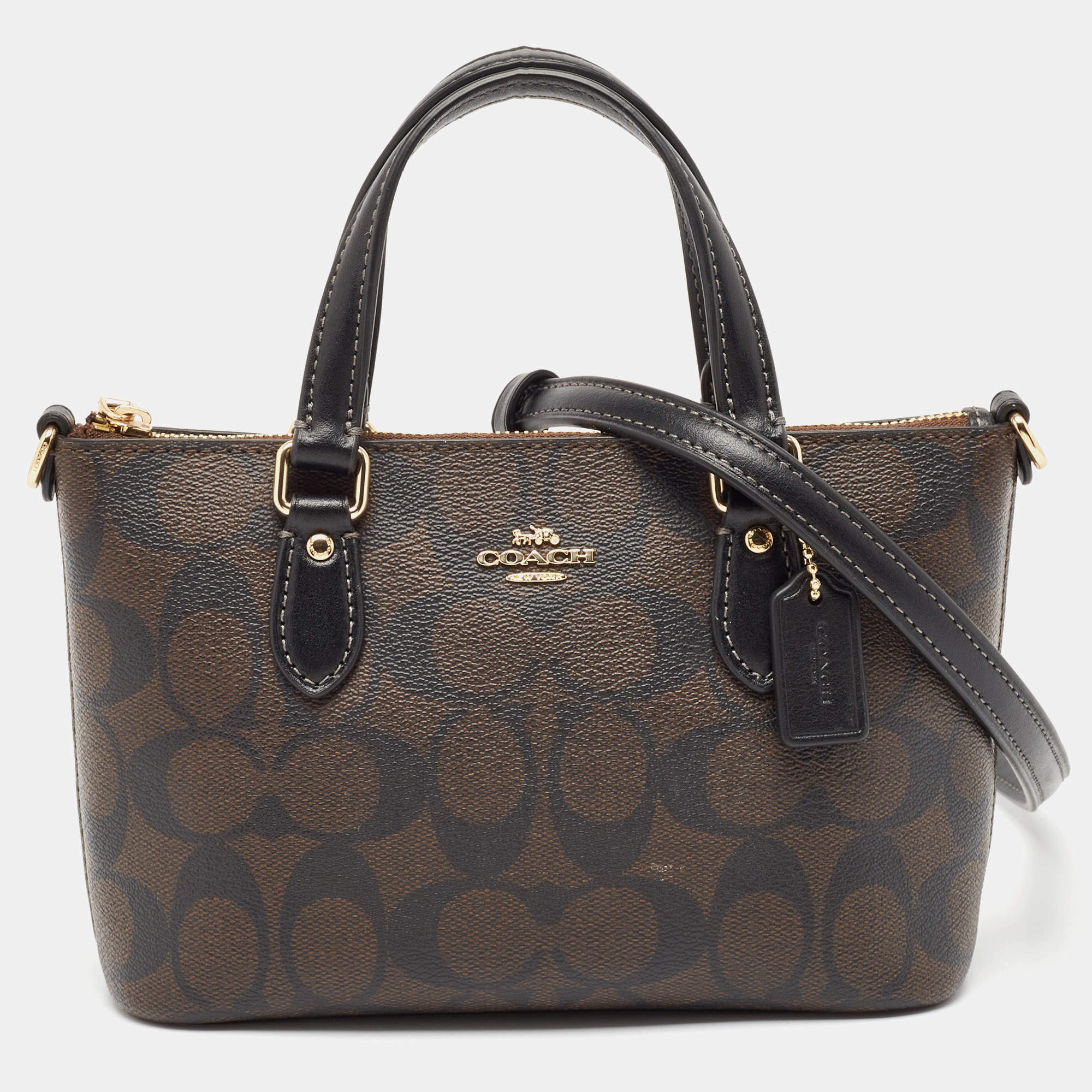 Coach Black/Brown Signature Coated Canvas and Leather Mini Gallery Crossbody Bag