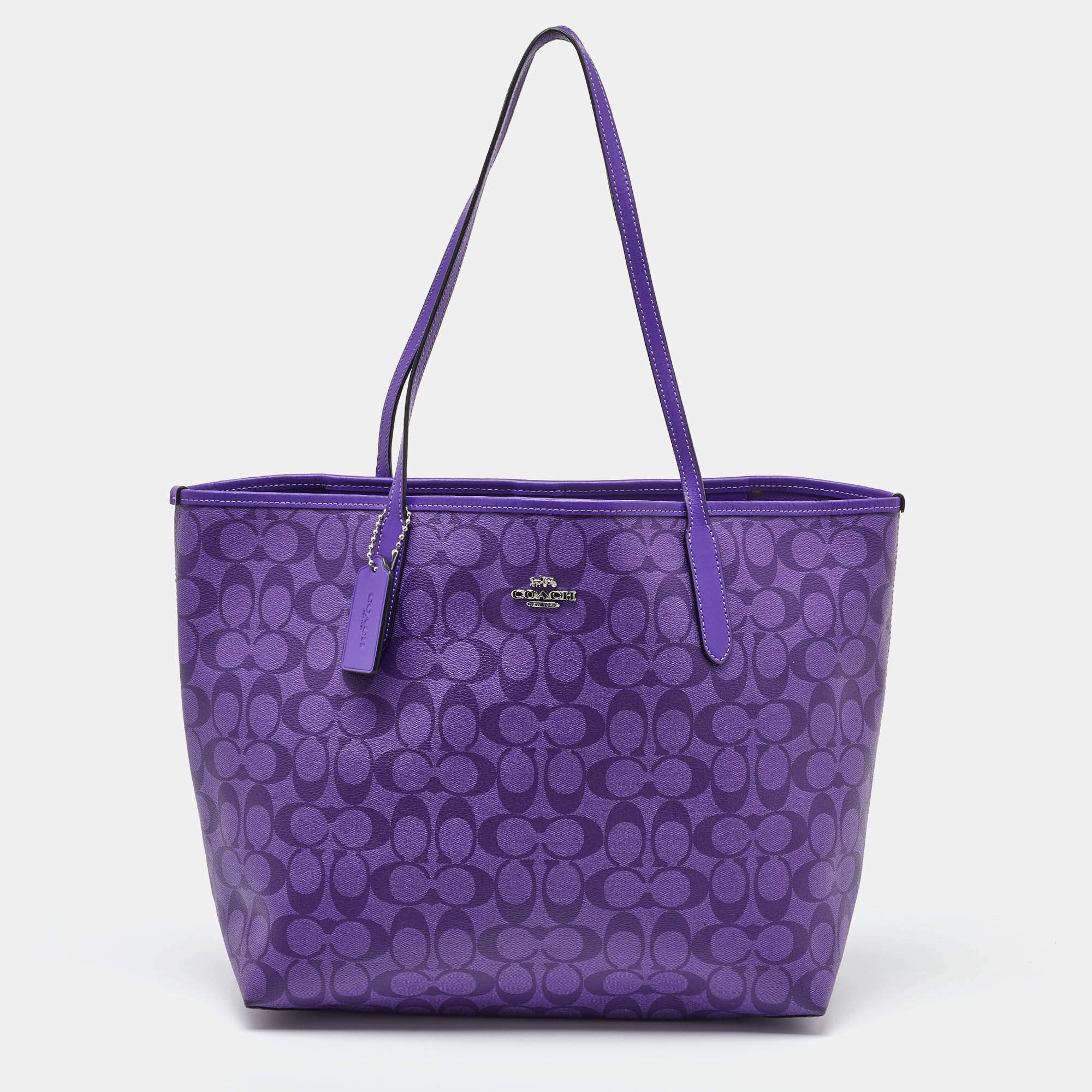 Coach Purple Signature Coated Canvas and Leather Reversible City Tote