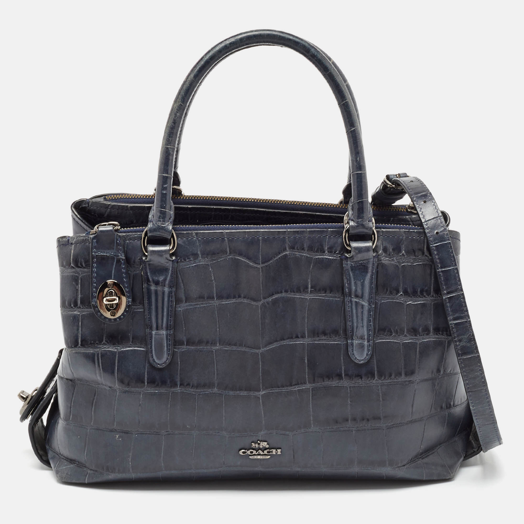 Coach Navy Blue Croc Embossed Leather Brooklyn Carryall 28 Tote