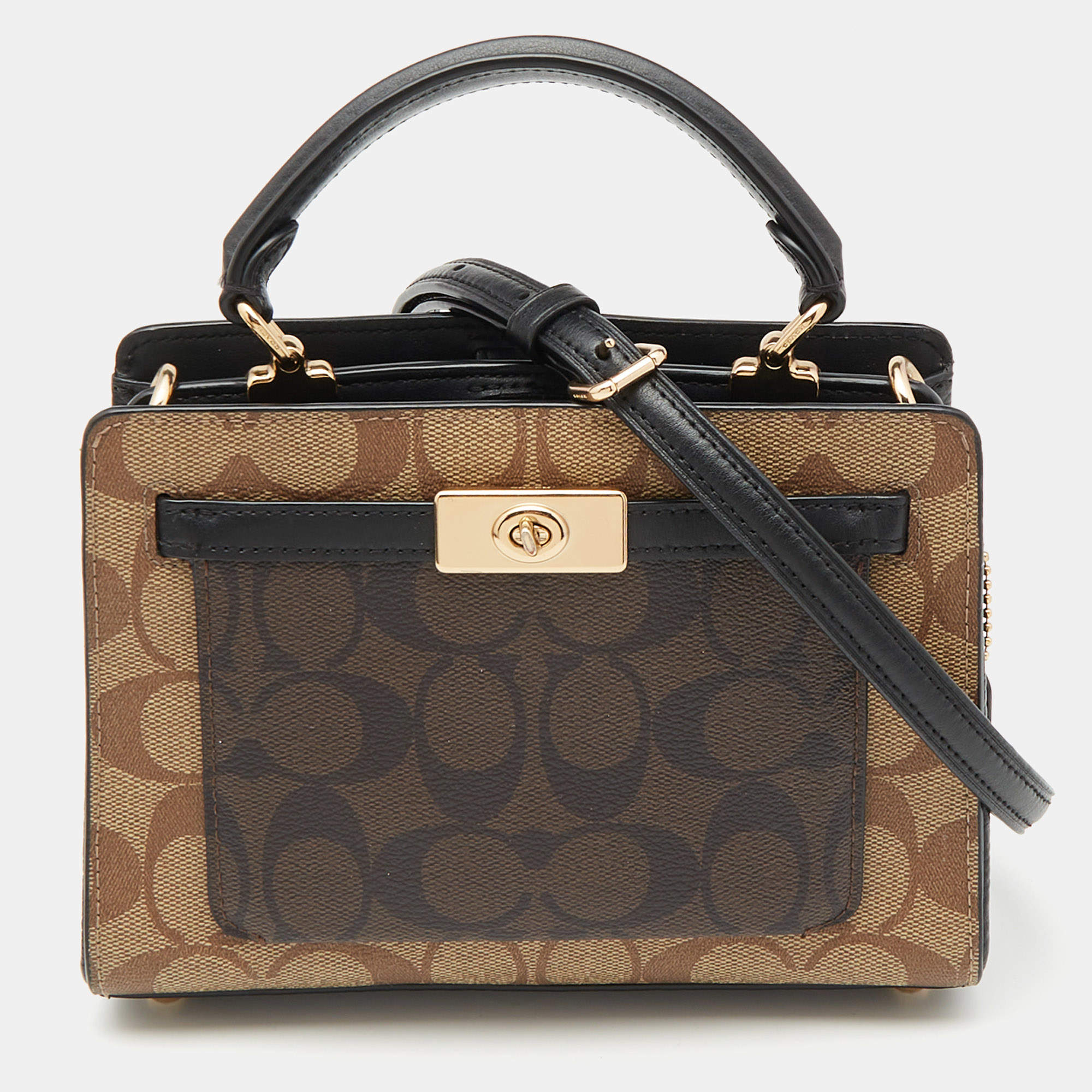 Coach Black/Brown Signature Coated Canvas and Leather Mini Lane Tote