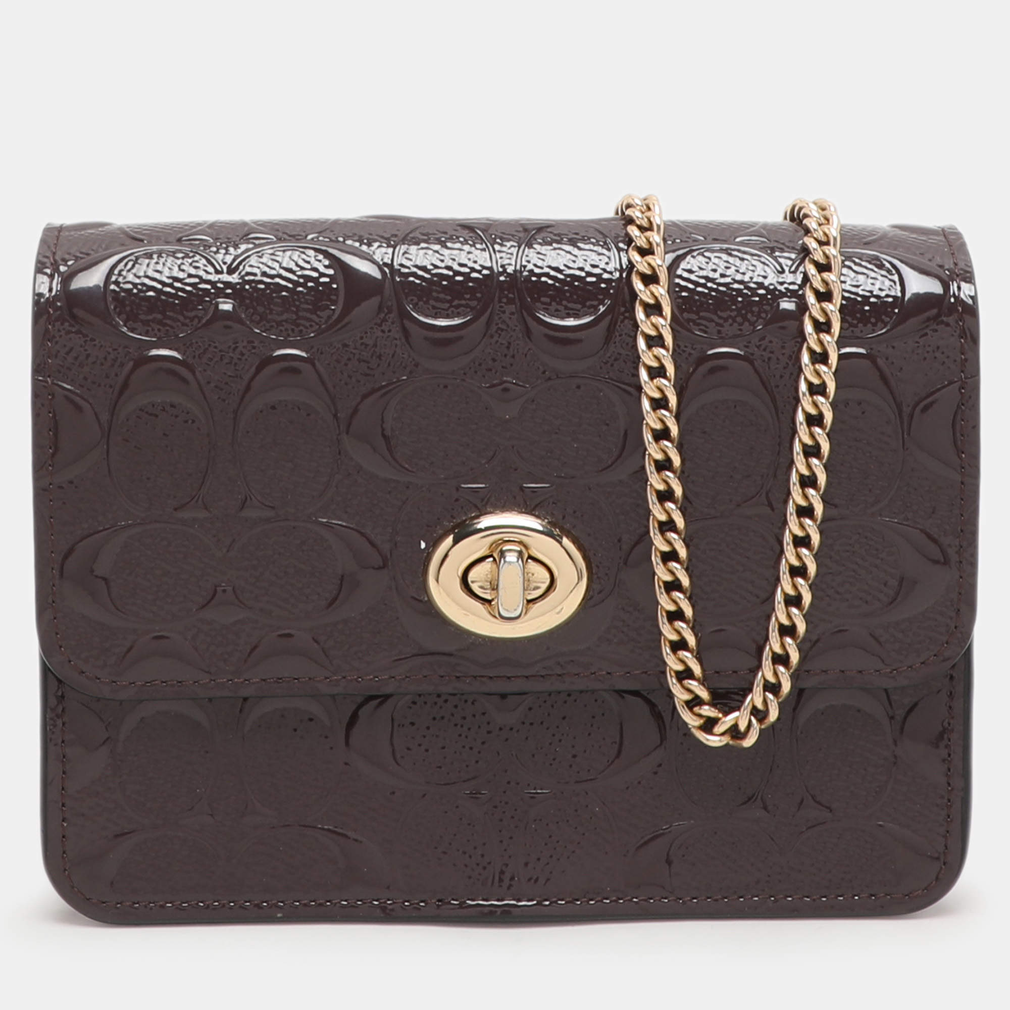 Pre Owned Coach Brown Logo Embossed Patent Leather Bowery Crossbody Bag