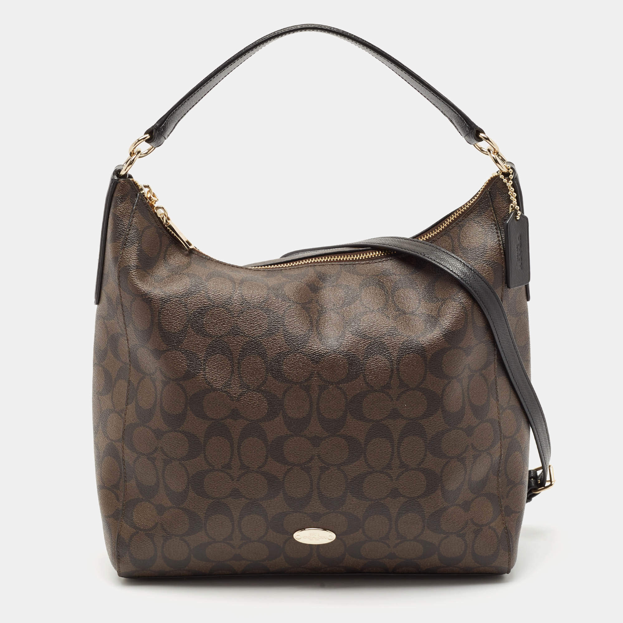 مملوكة مسبقًا Coach Dark Brown/Black Signature Coated Canvas and Leather Celeste Hobo