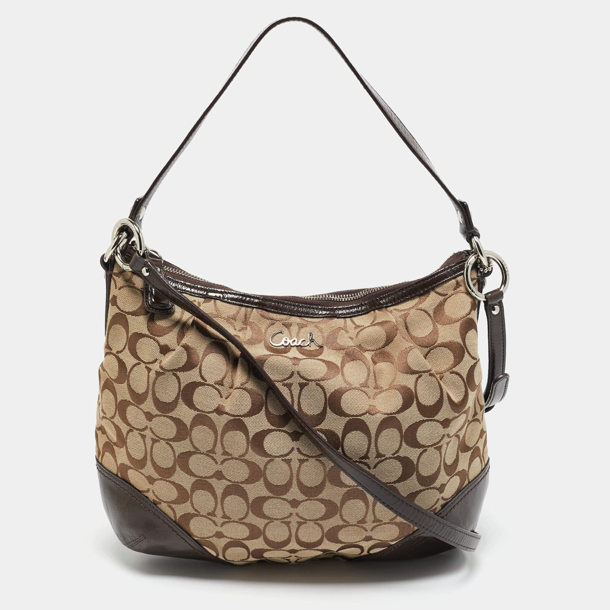 Coach Beige/Brown Signature Canvas and Patent Leather Hobo