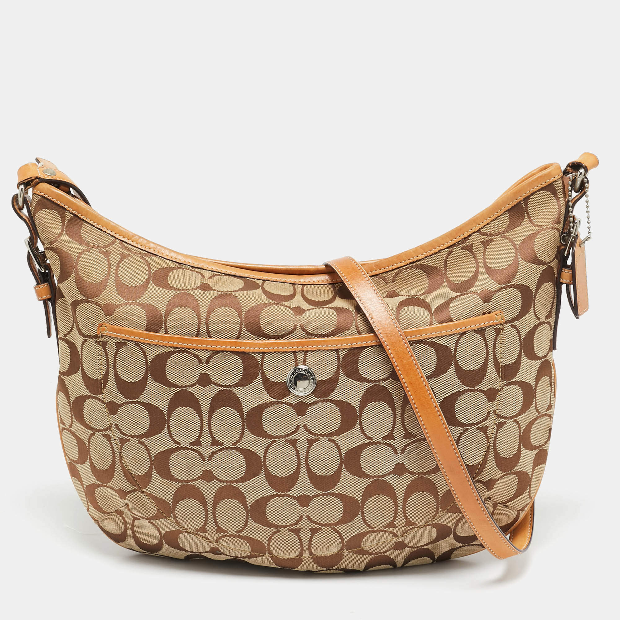 Coach Beige Signature Canvas and Leather Front Pocket Crossbody Bag