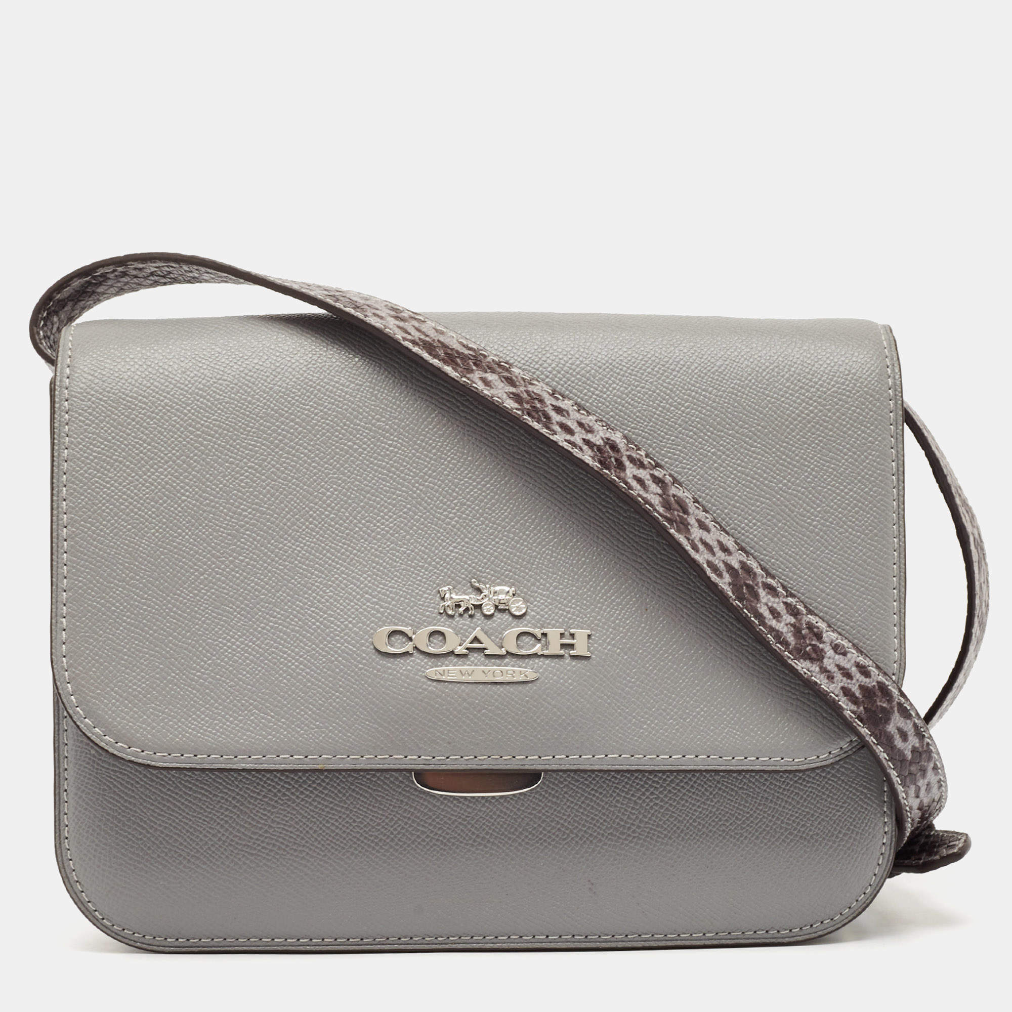 Pre Owned Coach Grey Leather and Python Embossed Leather Brynn Flap Crossbody Bag