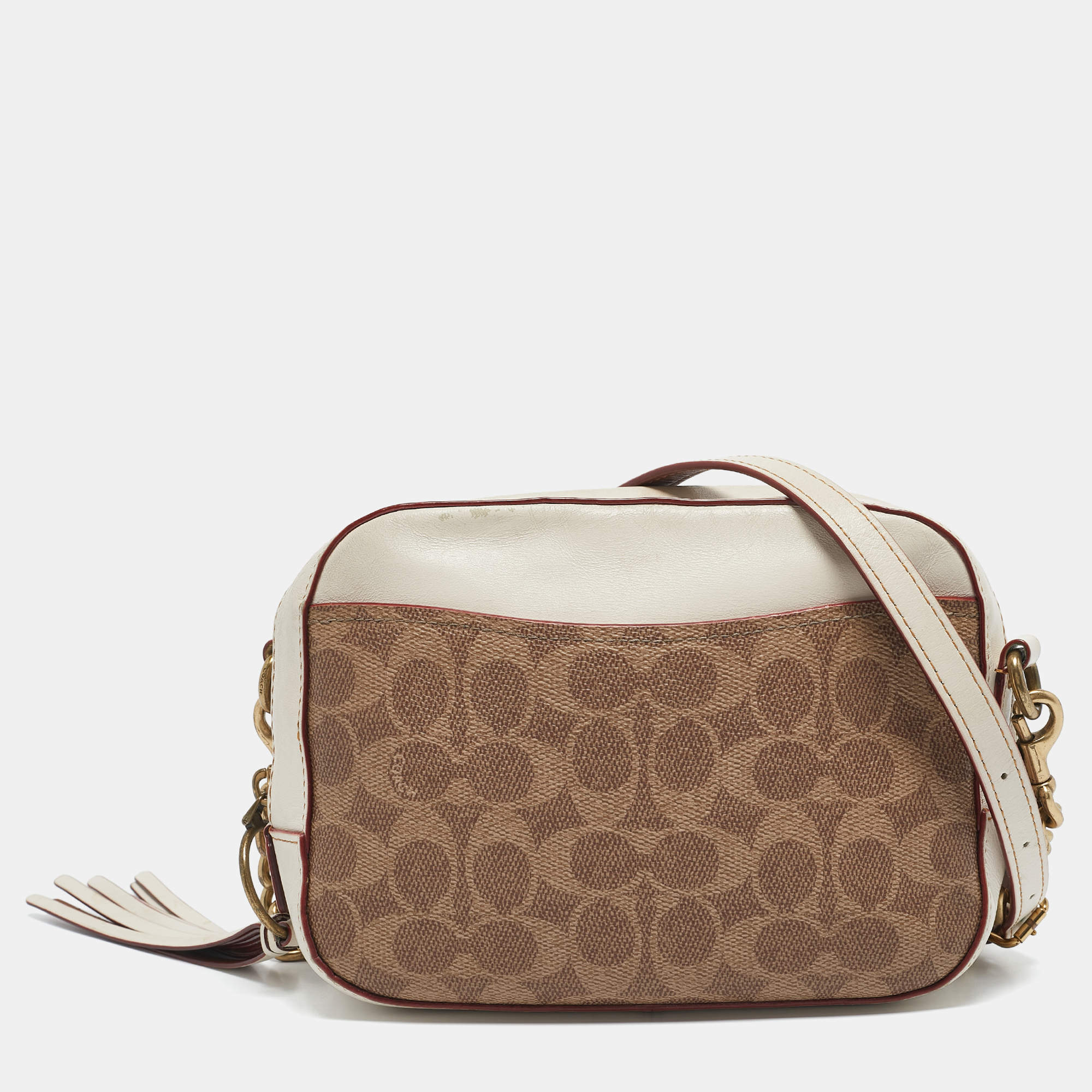 Coach White/Brown Signature Coated Canvas Camera Crossbody Bag