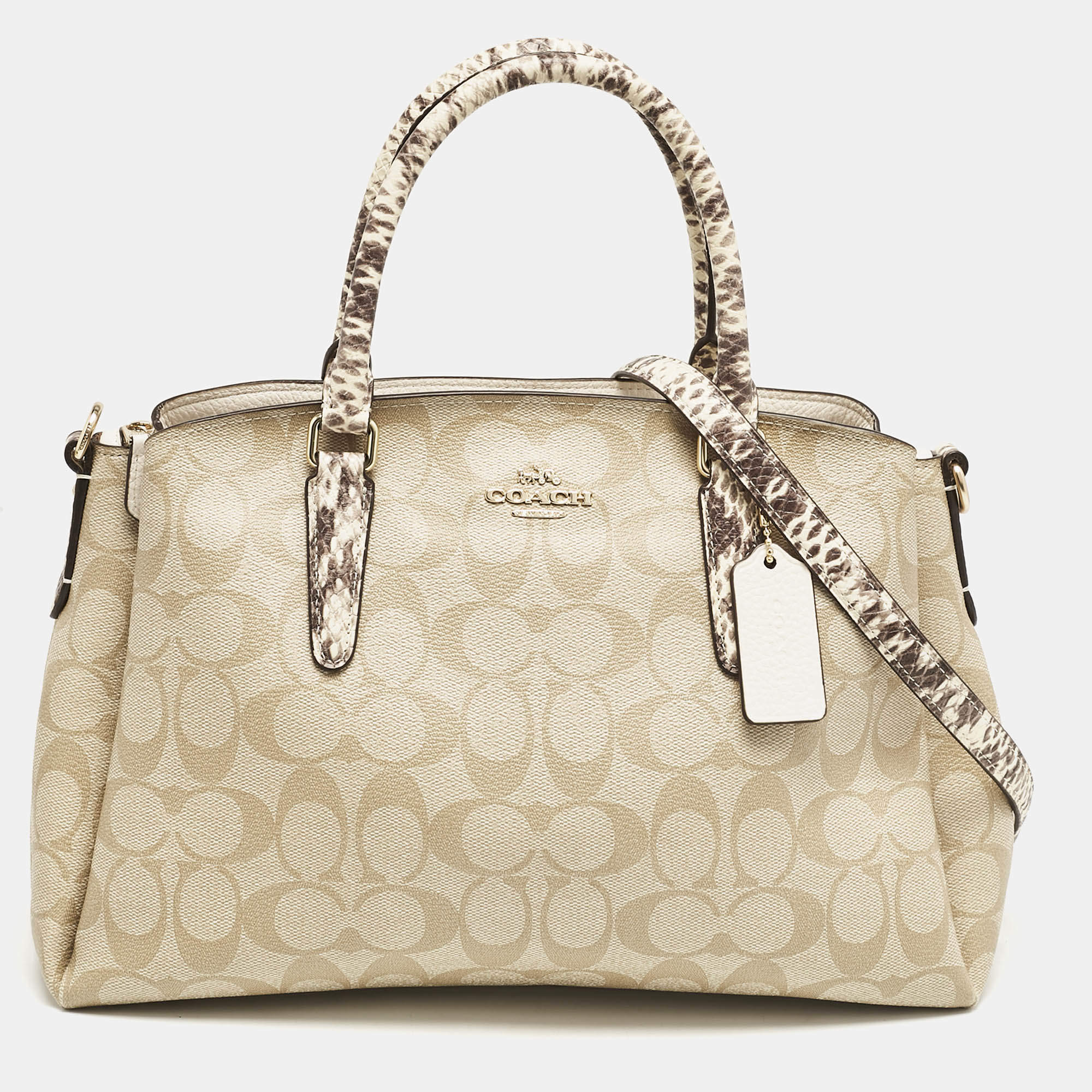 Coach Beige Signature Coated Canvas and Snake Print Leather Sage Carryall Satchel
