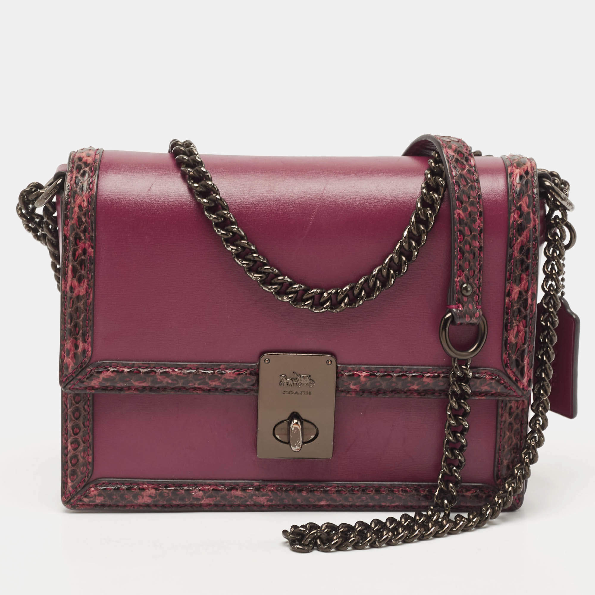Coach Burgundy Leather and Snakeskin Trim Hutton Shoulder Bag