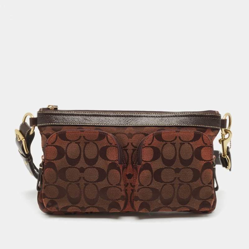 Coach Dark Brown Signature Canvas Double Pocket Waist Bag