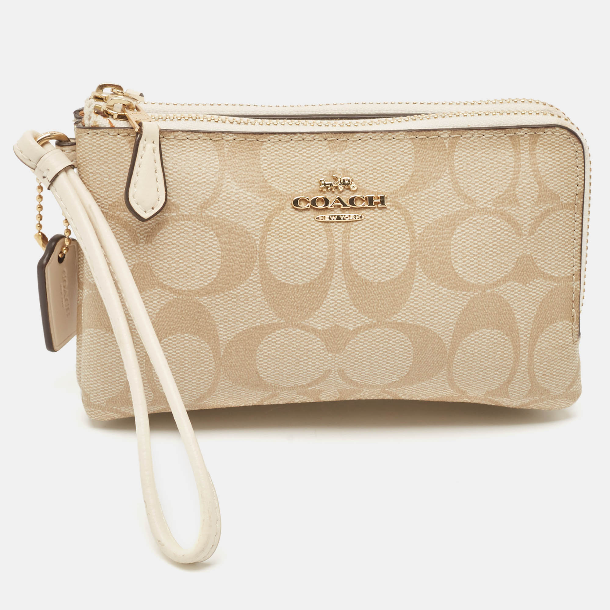 Coach Beige Signature Coated Canvas Double Corner Zip Wristlet Pouch