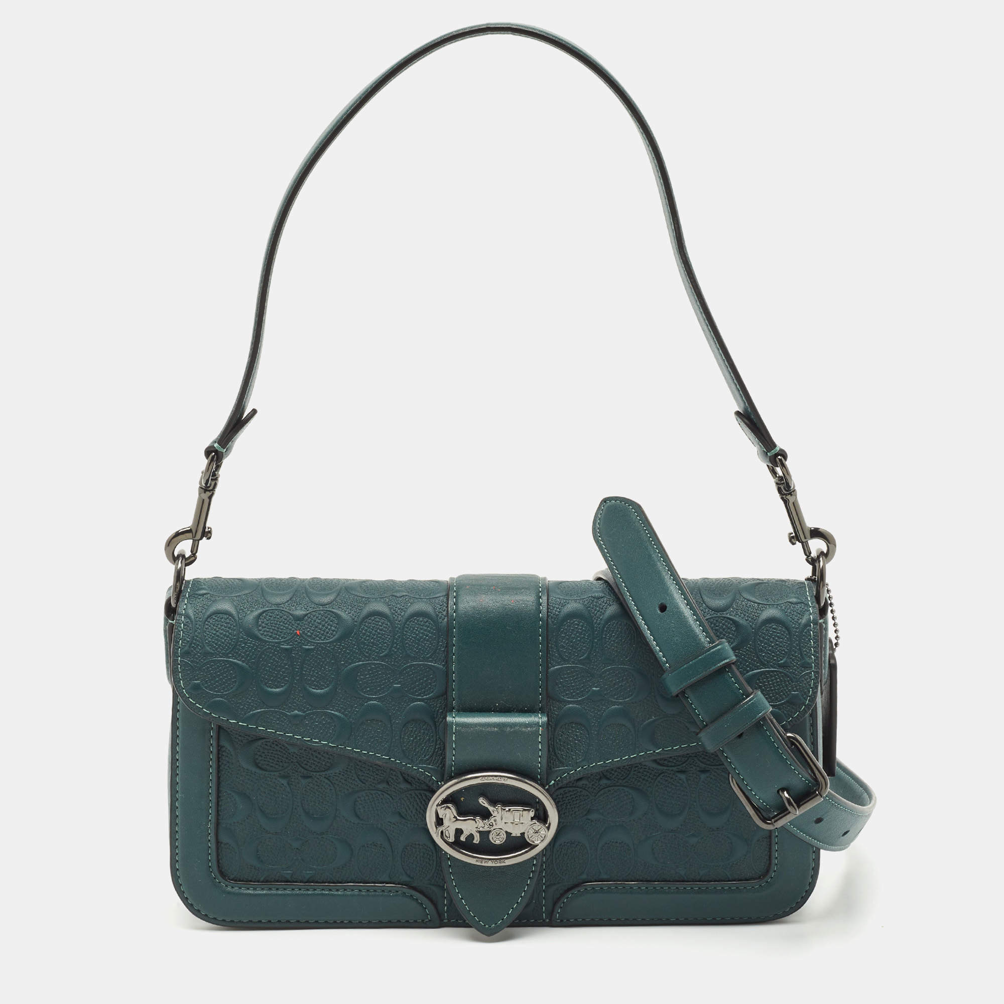 Coach Dark Green Signature Embossed Leather Georgie Shoulder Bag