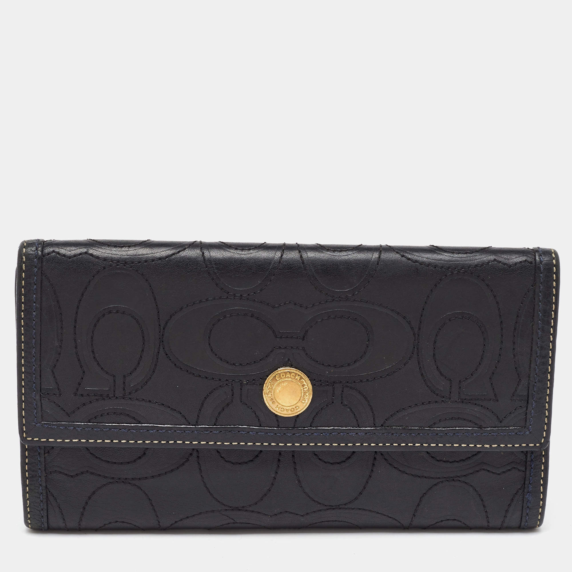 Coach Black Signature Embossed Leather Flap Continental Wallet