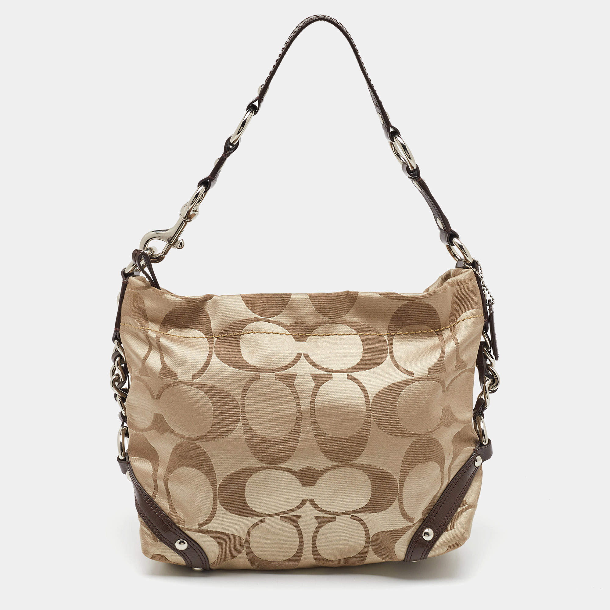 Coach Beige/Dark Brown Signature Canvas and Patent Leather Carly Hobo