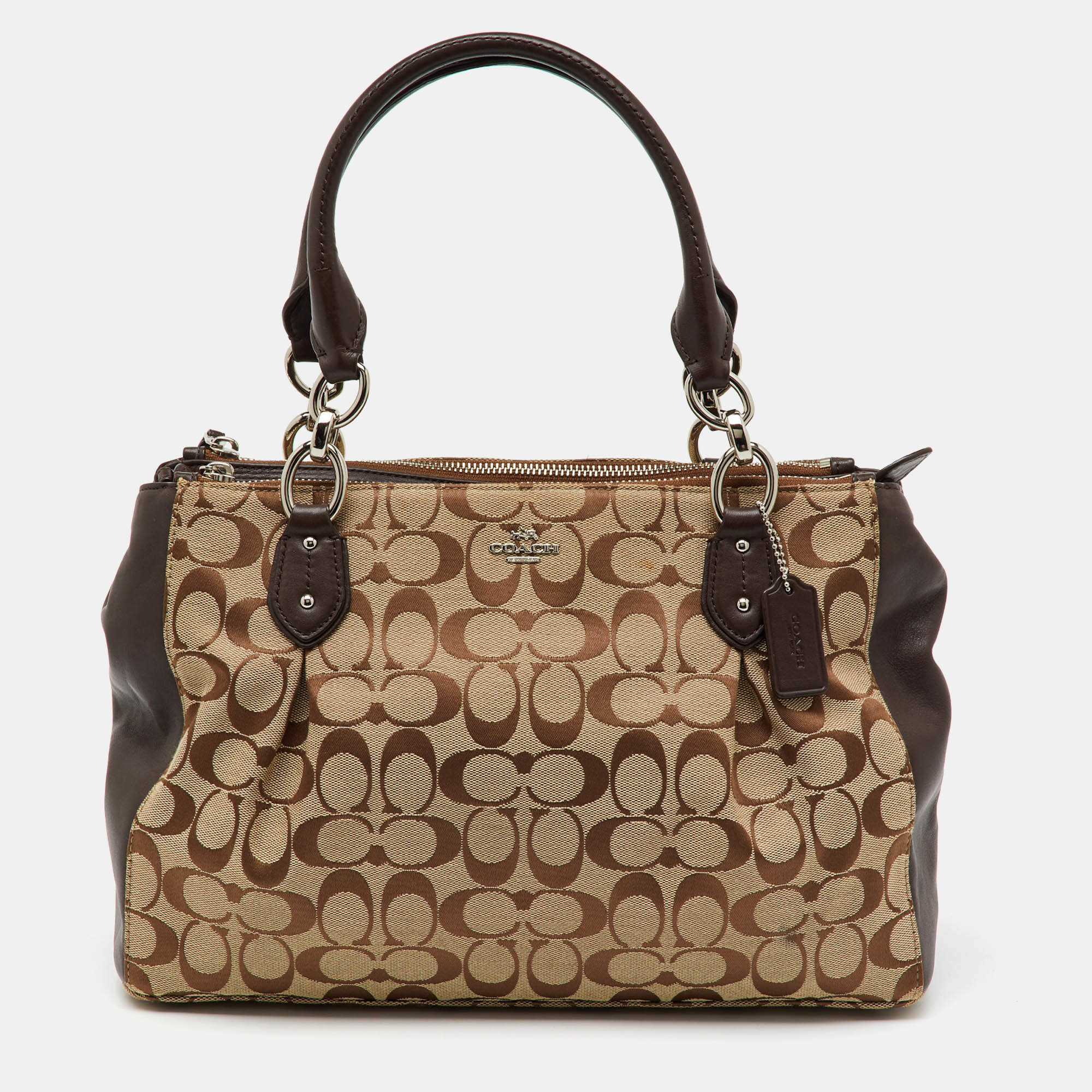 Coach Beige/Brown Signature Canvas and Leather Carryall Satchel