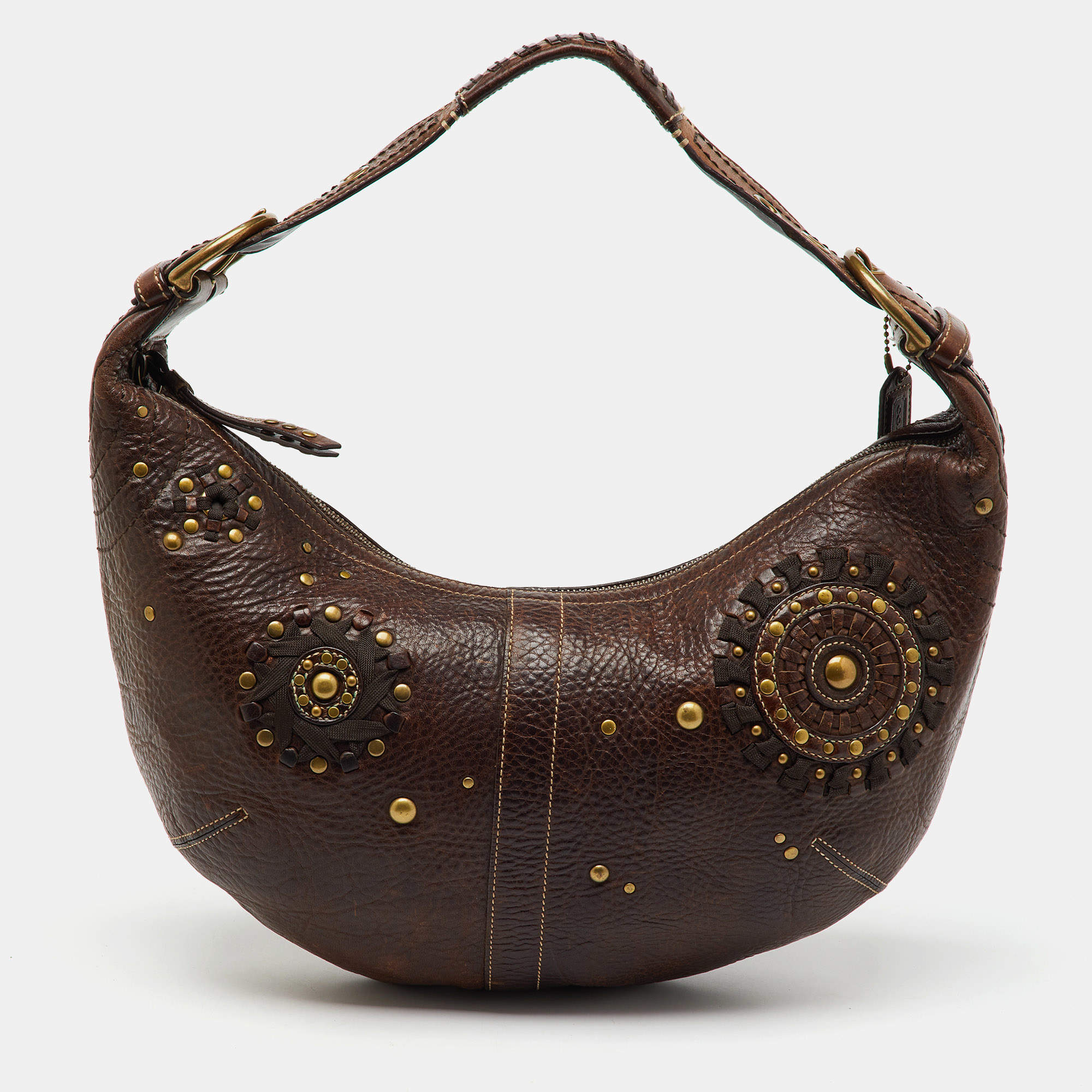 Coach Dark Brown Leather Studded Embellished Hobo