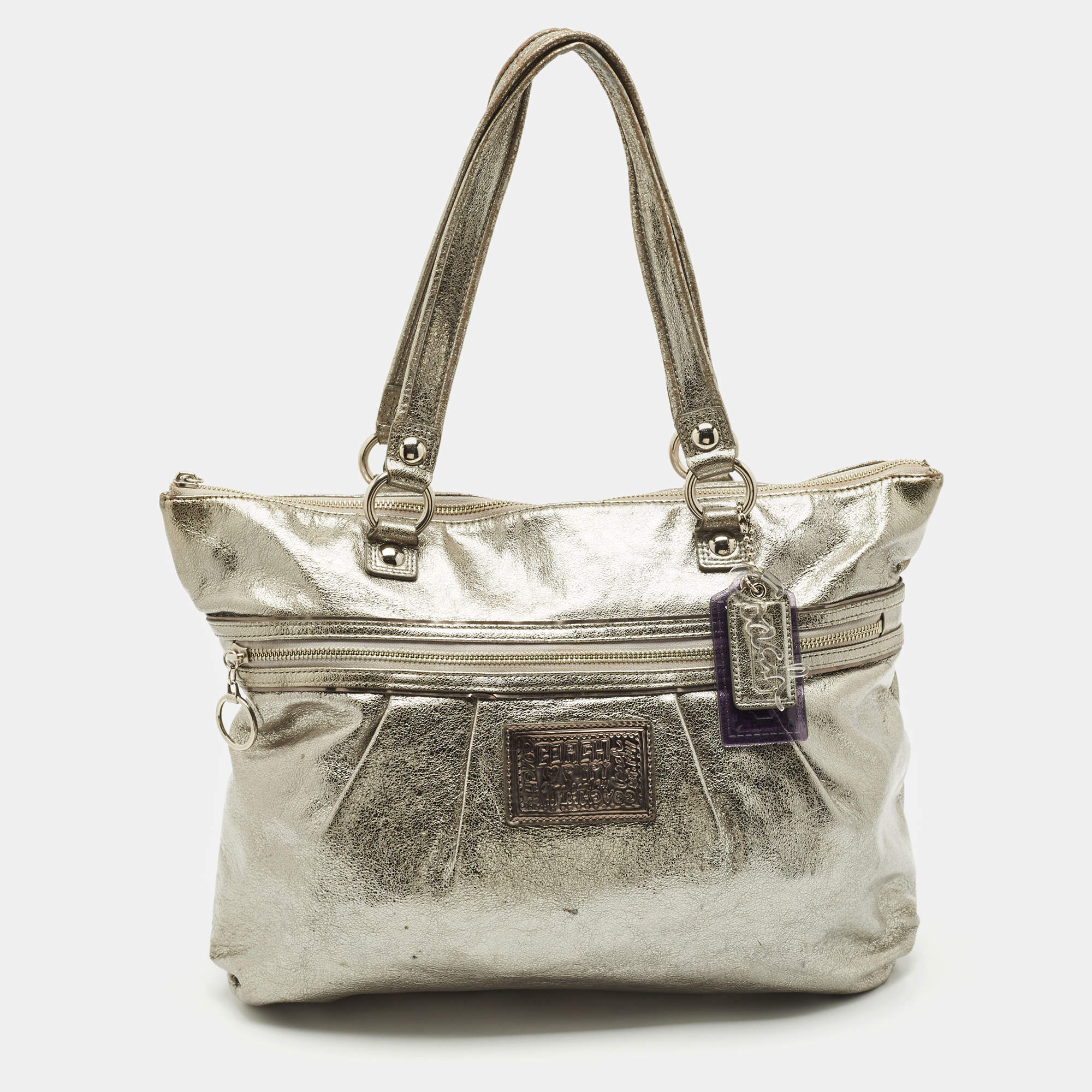 Coach Silver Leather Poppy Glam Tote