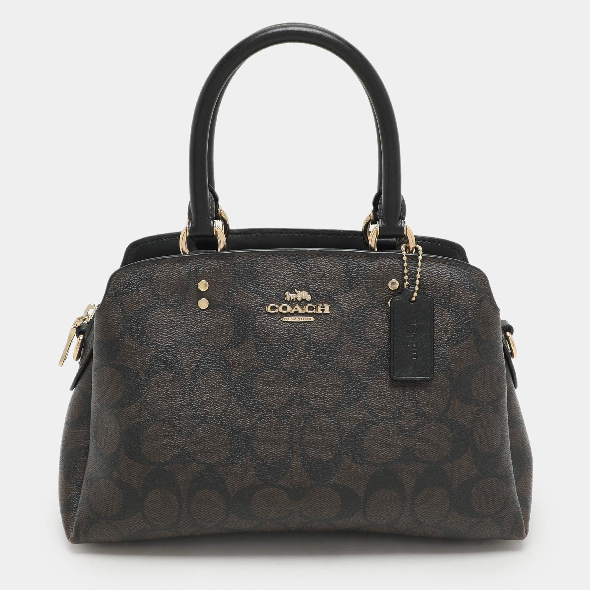 Coach Brown/Black Signature Coated Canvas and Leather Mini Lillie Carryall Satchel