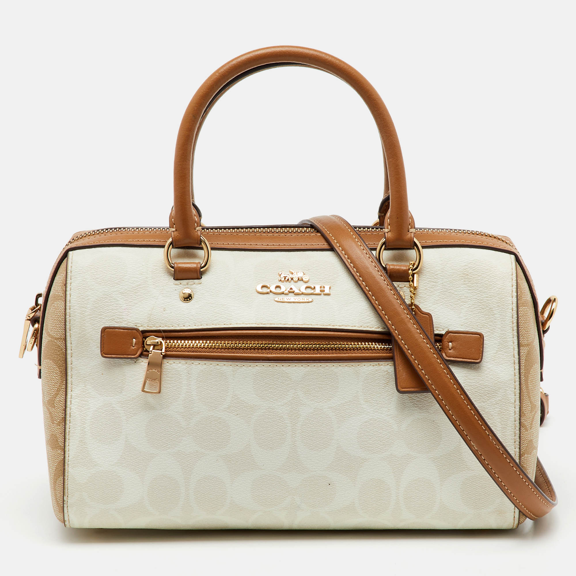 Pre Owned Coach Off White/Brown Signature Coated Canvas and Leather Rowan Boston Bag