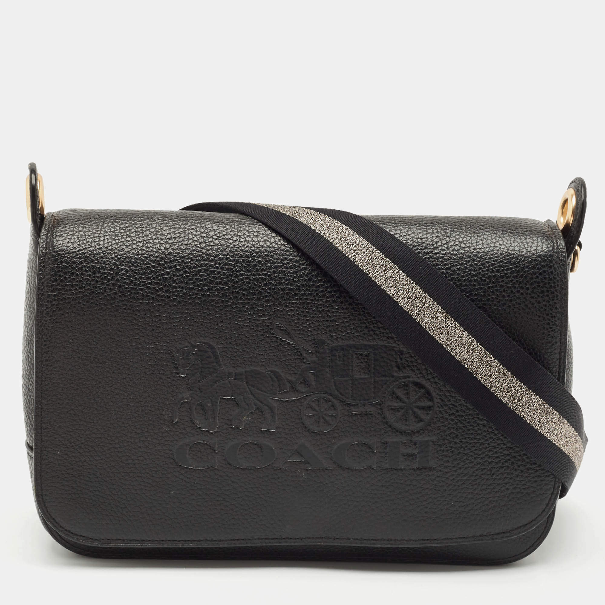 Coach Black Leather Logo Embossed Jes Flap Messenger Bag