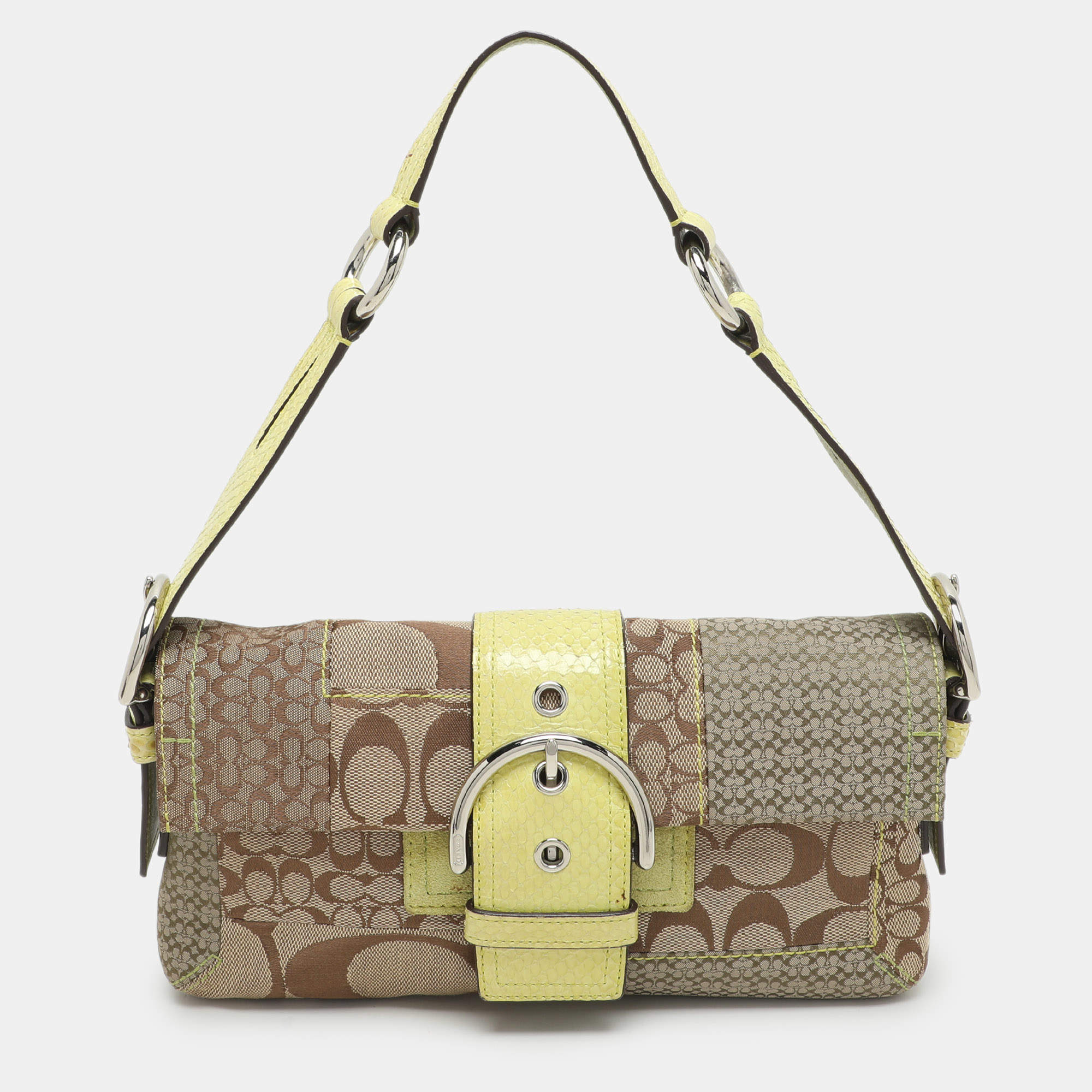 Coach Beige/Green Signature Patchwork Canvas and Python Buckle Shoulder Bag  