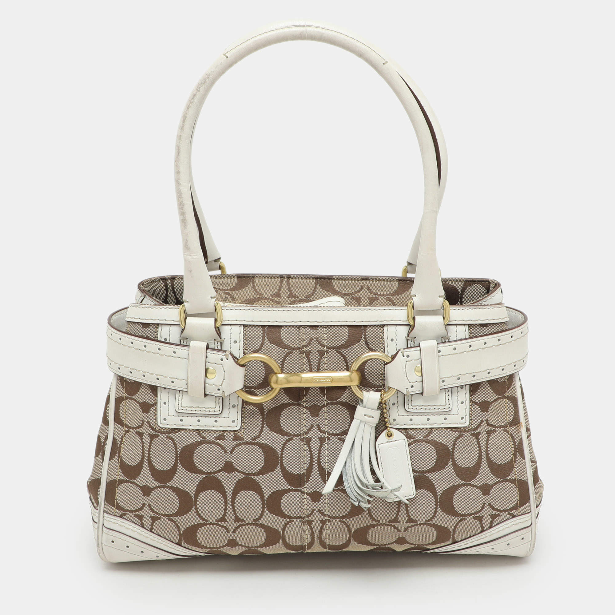 Coach Beige/White Signature Canvas and Leather Hampton Satchel
