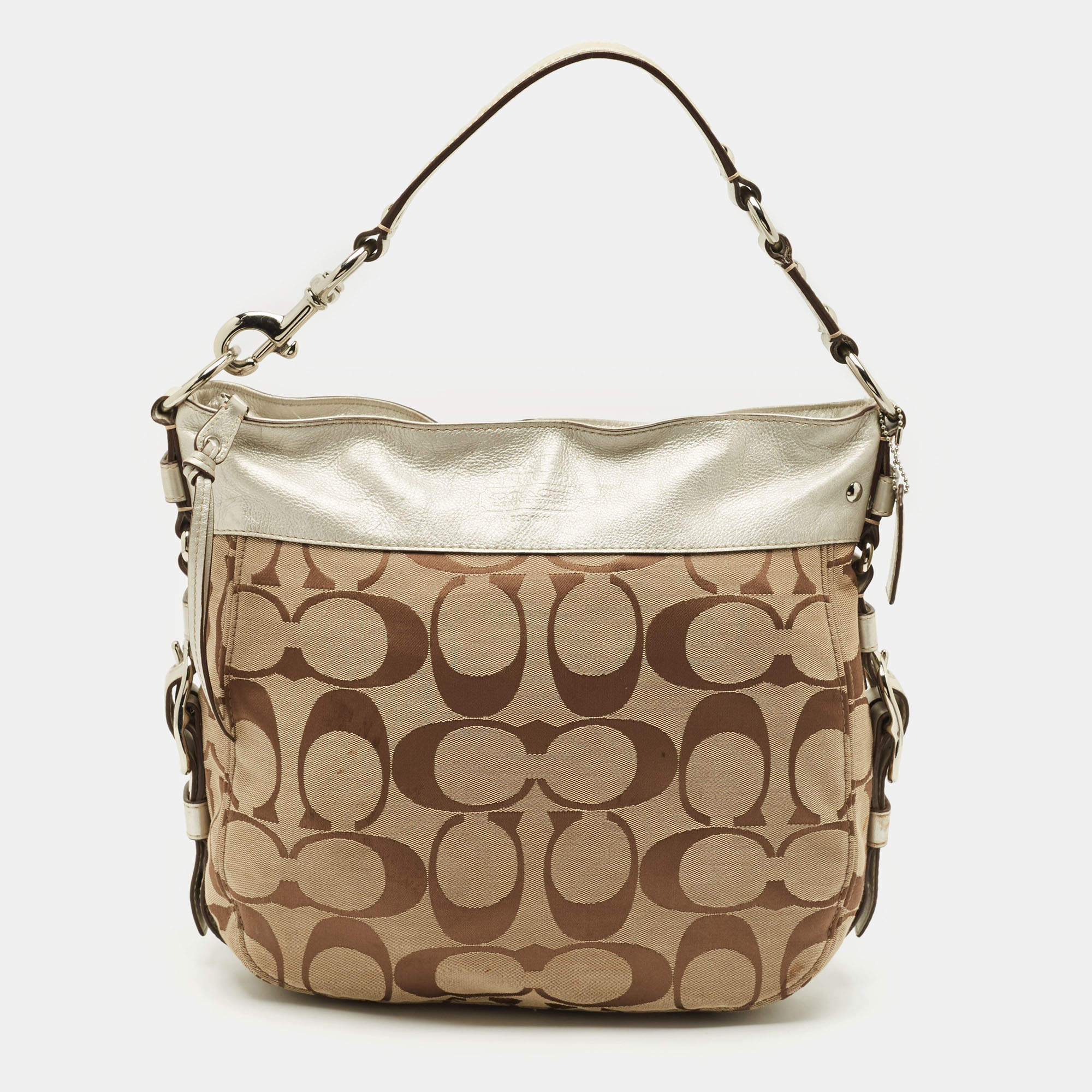 Coach Beige/Silver Signature Canvas and Leather Zoe Hobo