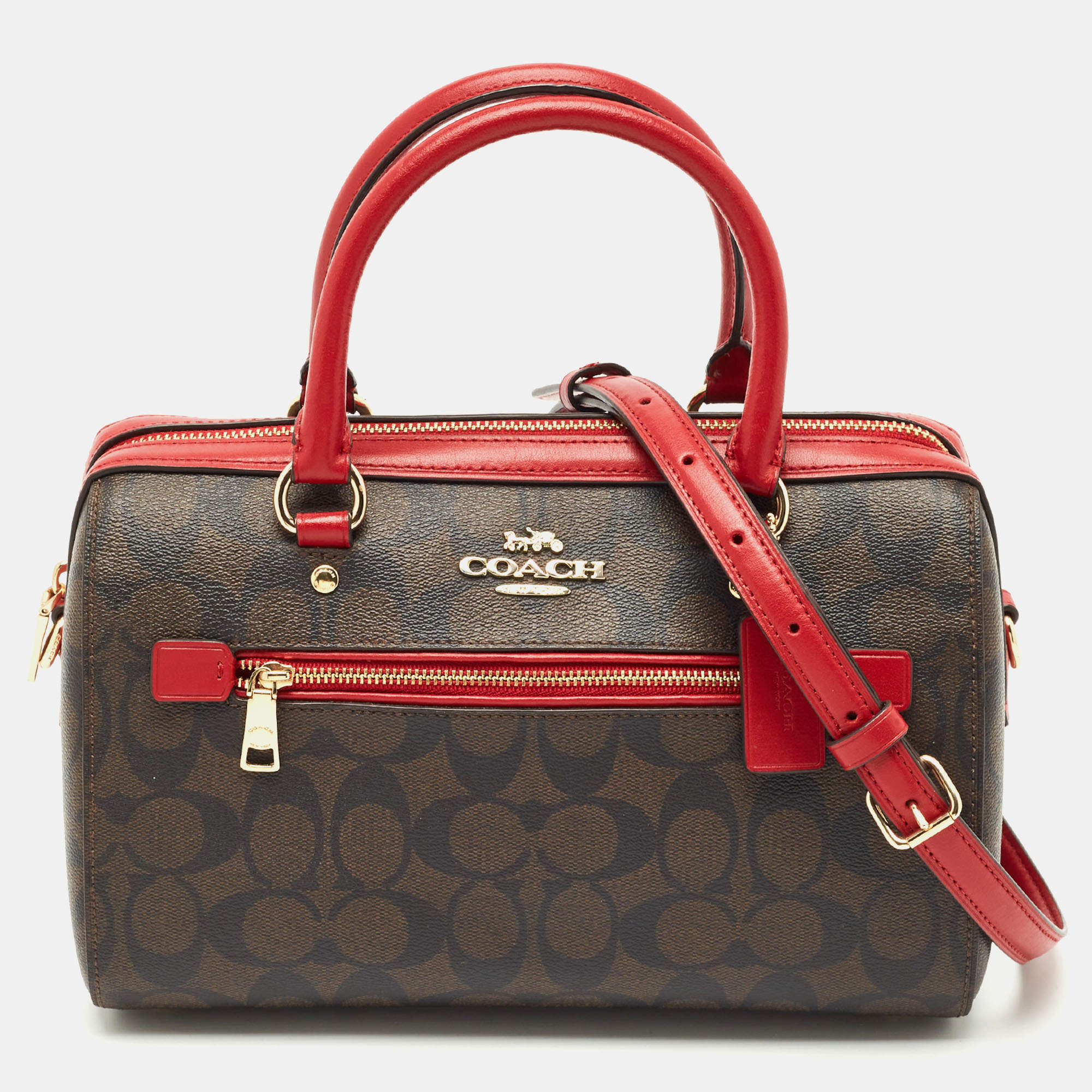 Coach Brown/Red Signature Coated Canvas and Leather Rowan Boston Satchel