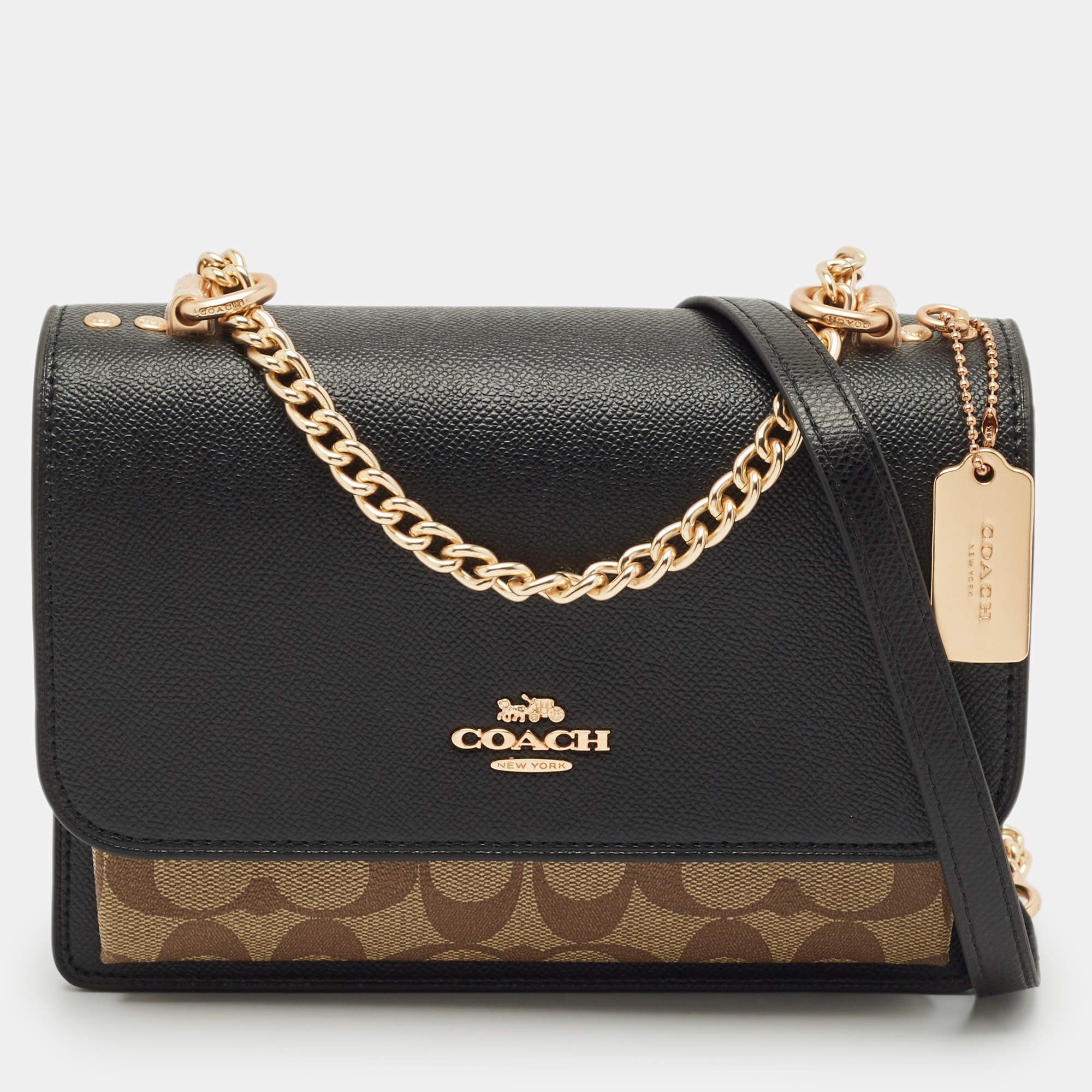 Pre Owned Coach Black/Brown Signature Coated Canvas and Leather Klare Crossbody Bag