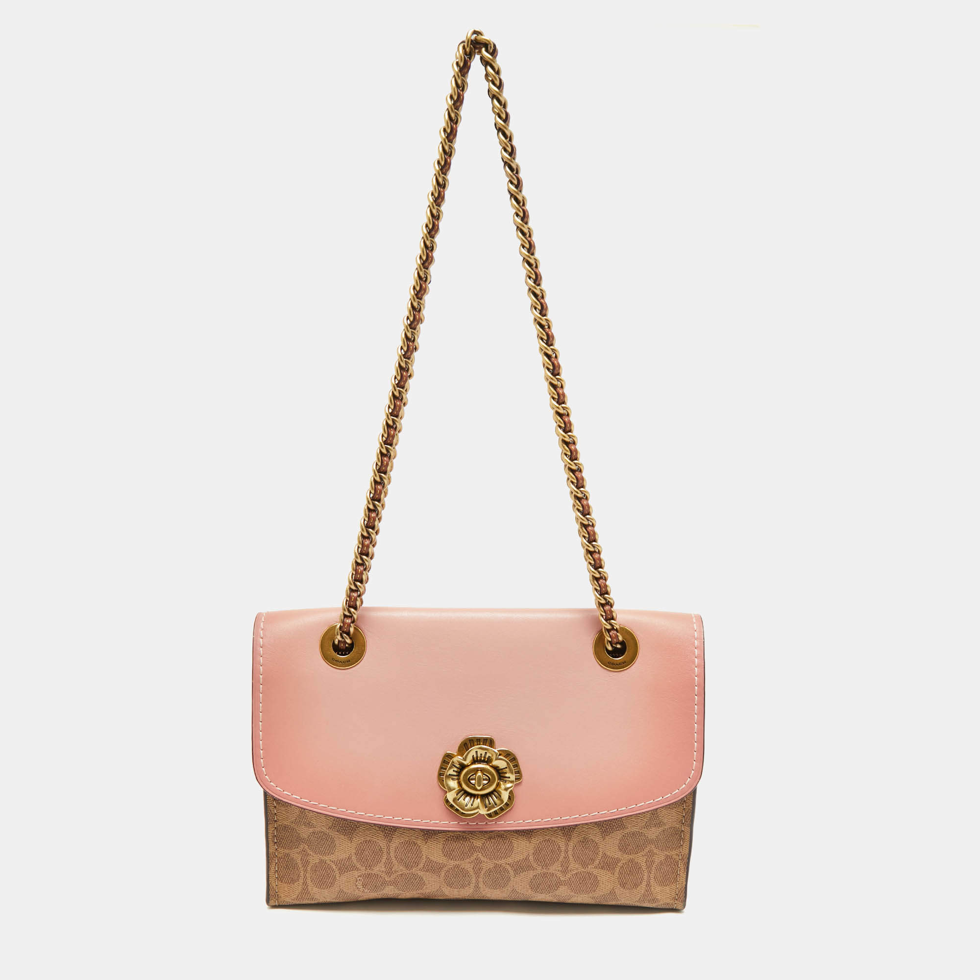 Pre Owned حقيبة كتف كوتش باركر جلد وكانفاس مقوى بالشعار وردي/بيج