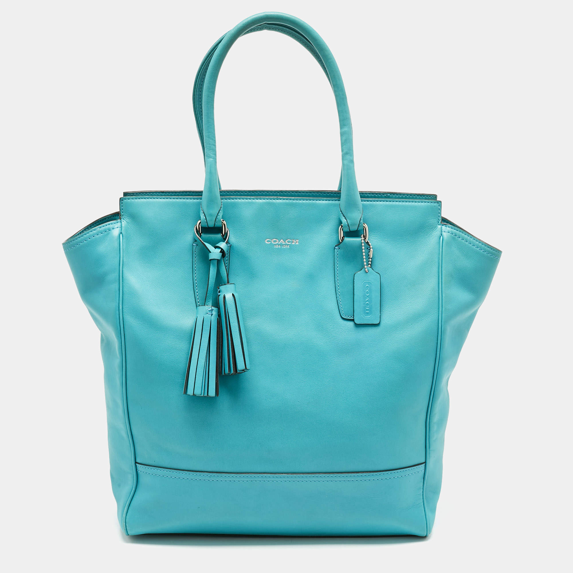 Pre Owned Coach Turquoise Blue Leather North South Legacy Candace Tote