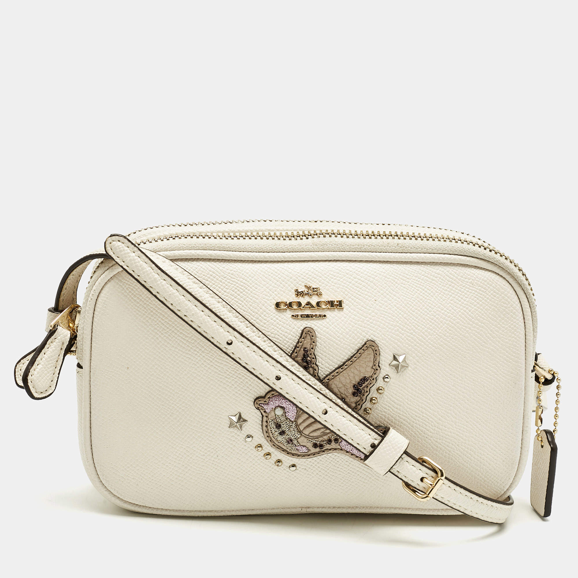 Pre Owned Coach White Leather Bird Patched Jamie Camera Crossbody Bag