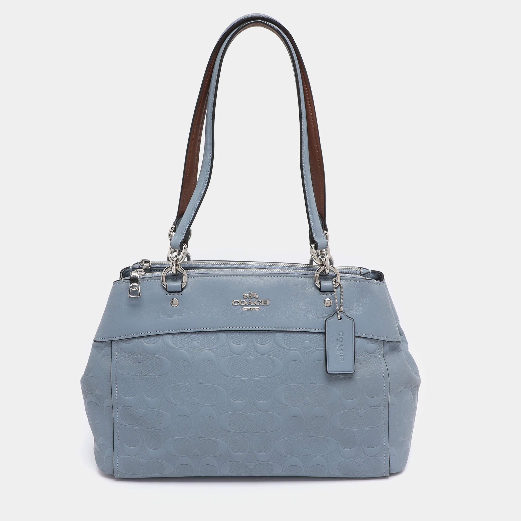 Pre Owned Coach Light Blue Signature Leather Mini Brooke Carryall Satchel