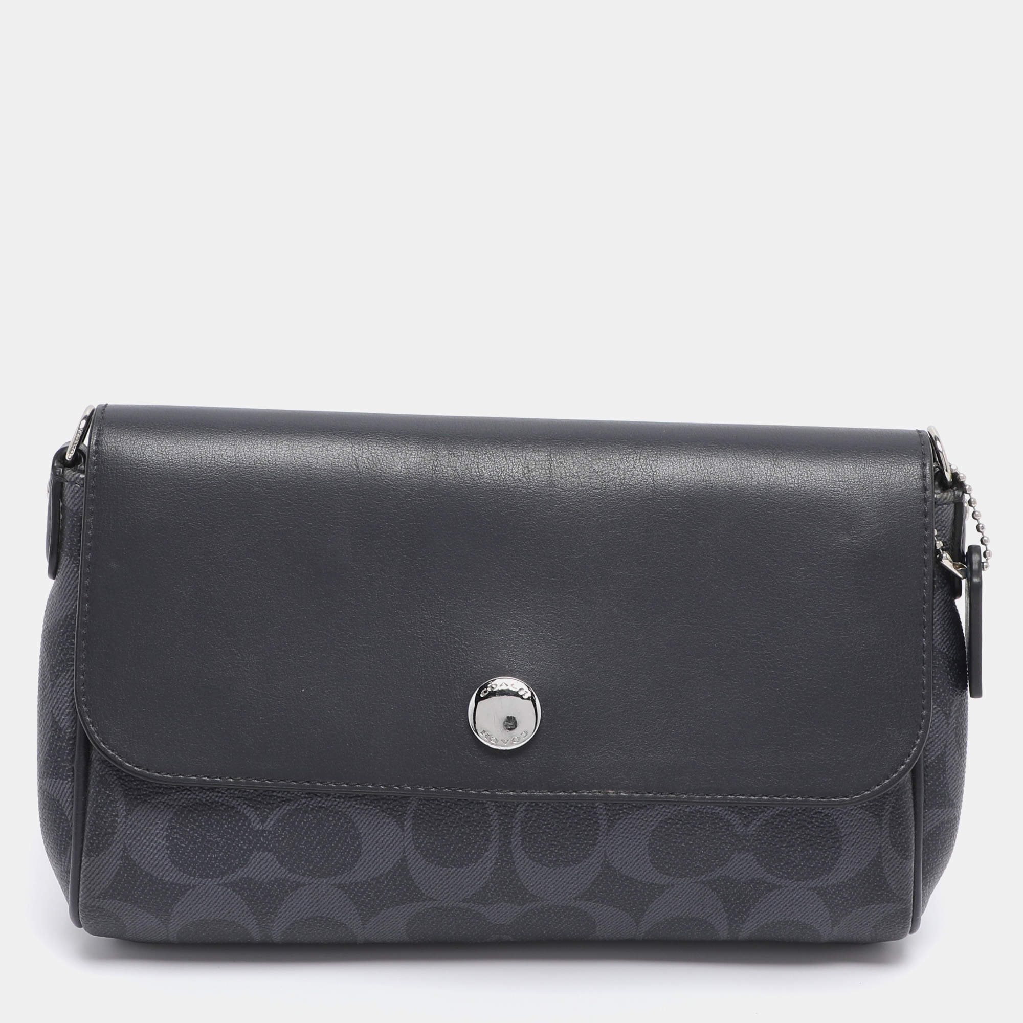 Pre Owned Coach Navy Blue Signature Coated Canvas and Leather Reversible Flap Crossbody Bag