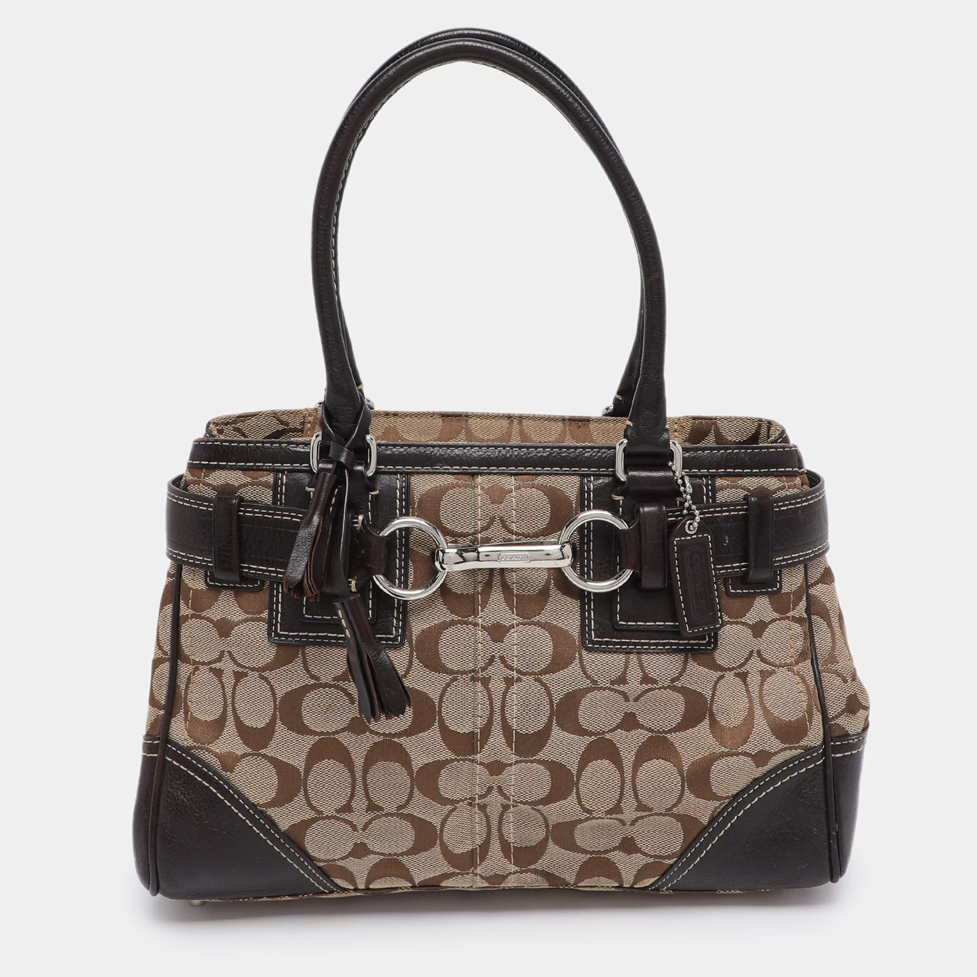 Pre Owned Coach Beige/White Signature Canvas and Leather Hampton Satchel