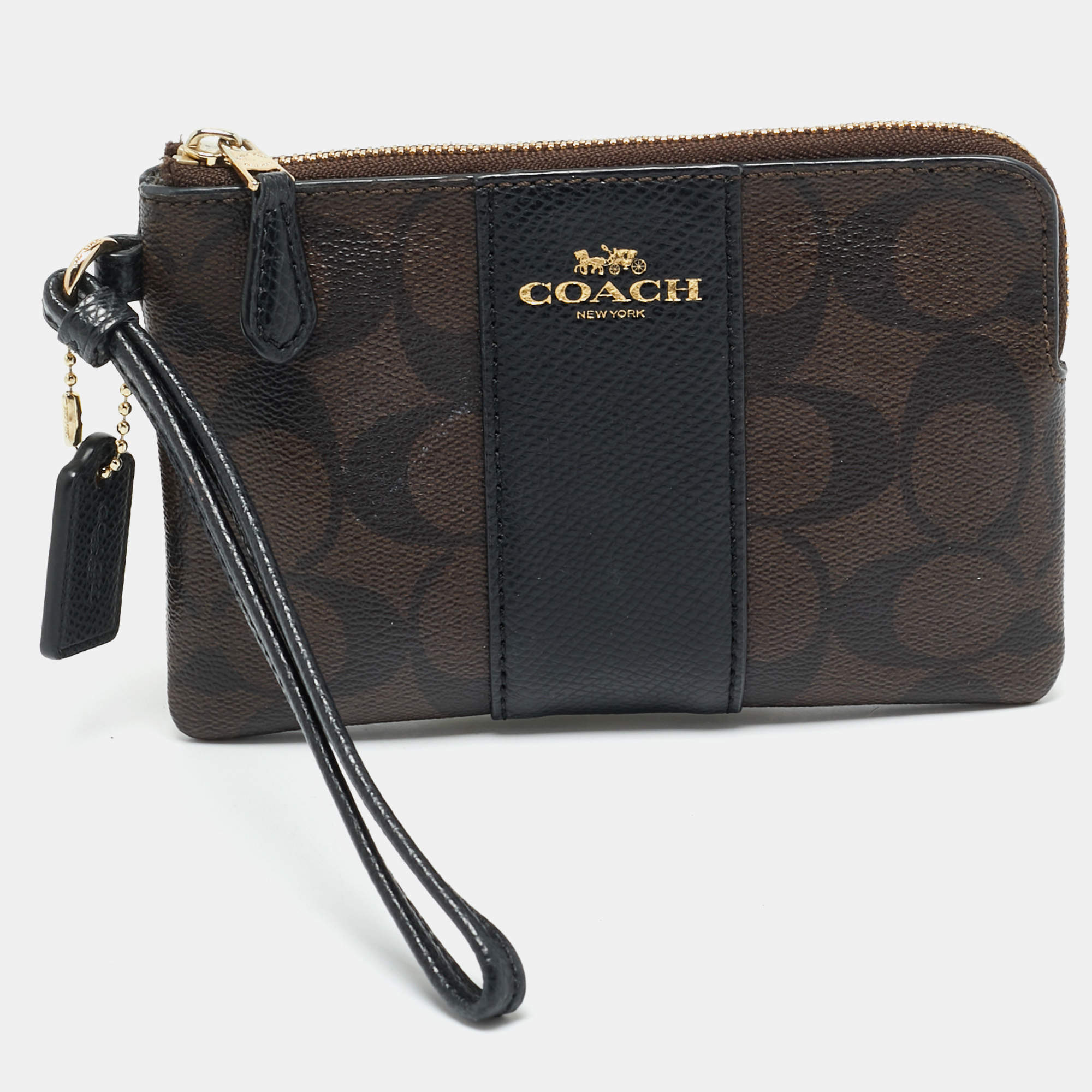 Pre Owned Coach Brown/Black Signature Coated Canvas and Leather Corner Zip Wristlet