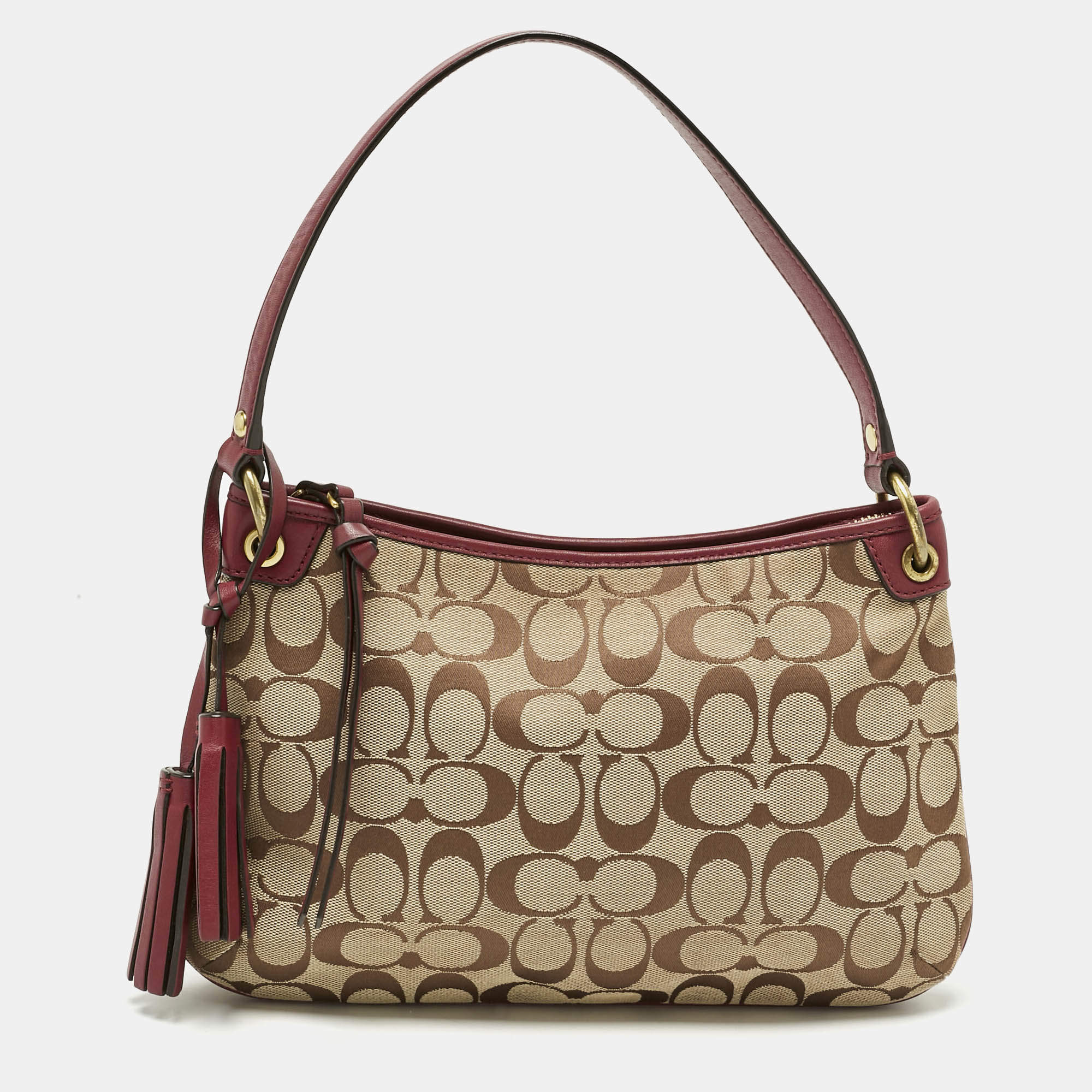 Pre Owned Coach Burgundy/Beige Signature Canvas Tassel Shoulder Bag