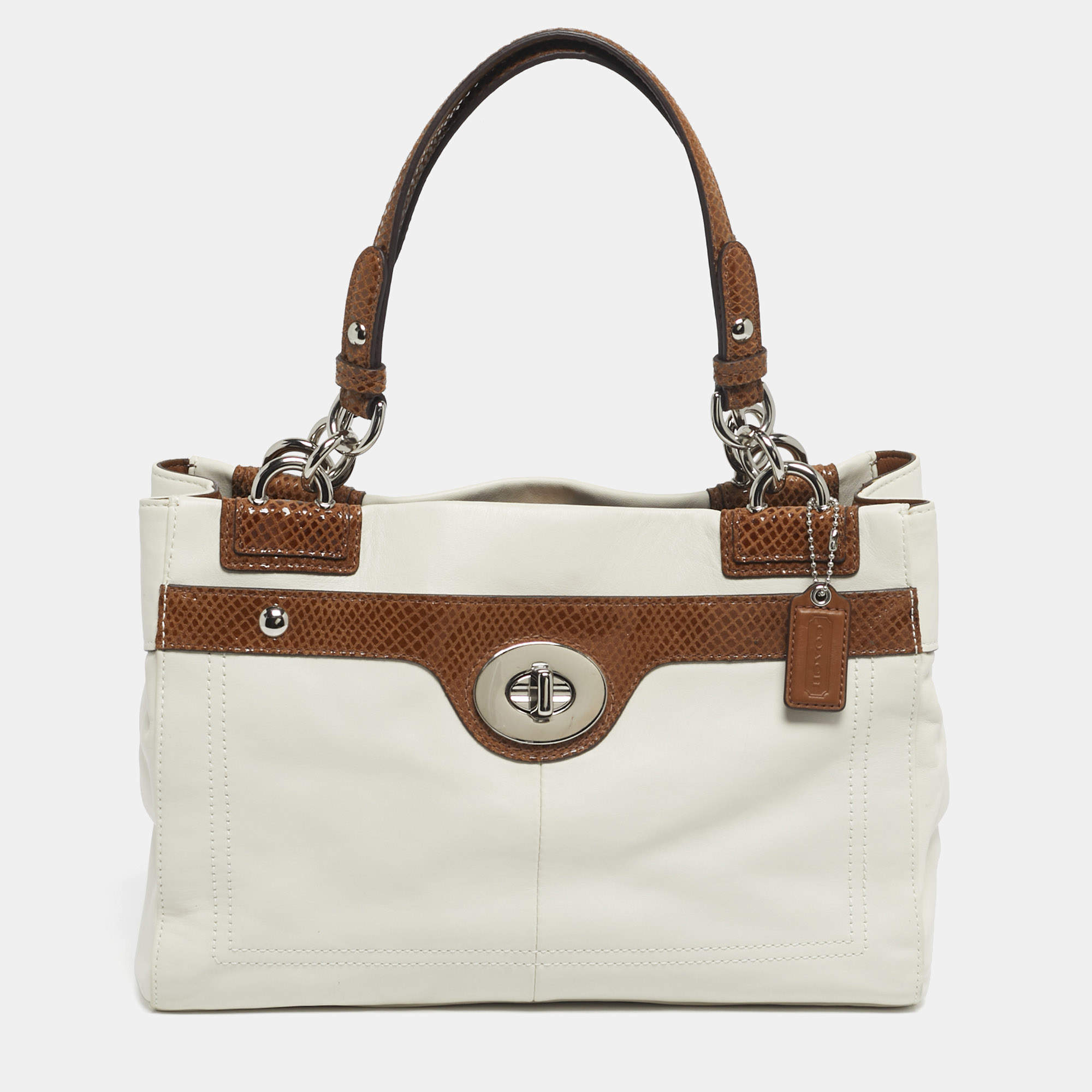 Pre Owned Coach White/Brown Leather and Snake Effect Suede Penelope Tote
