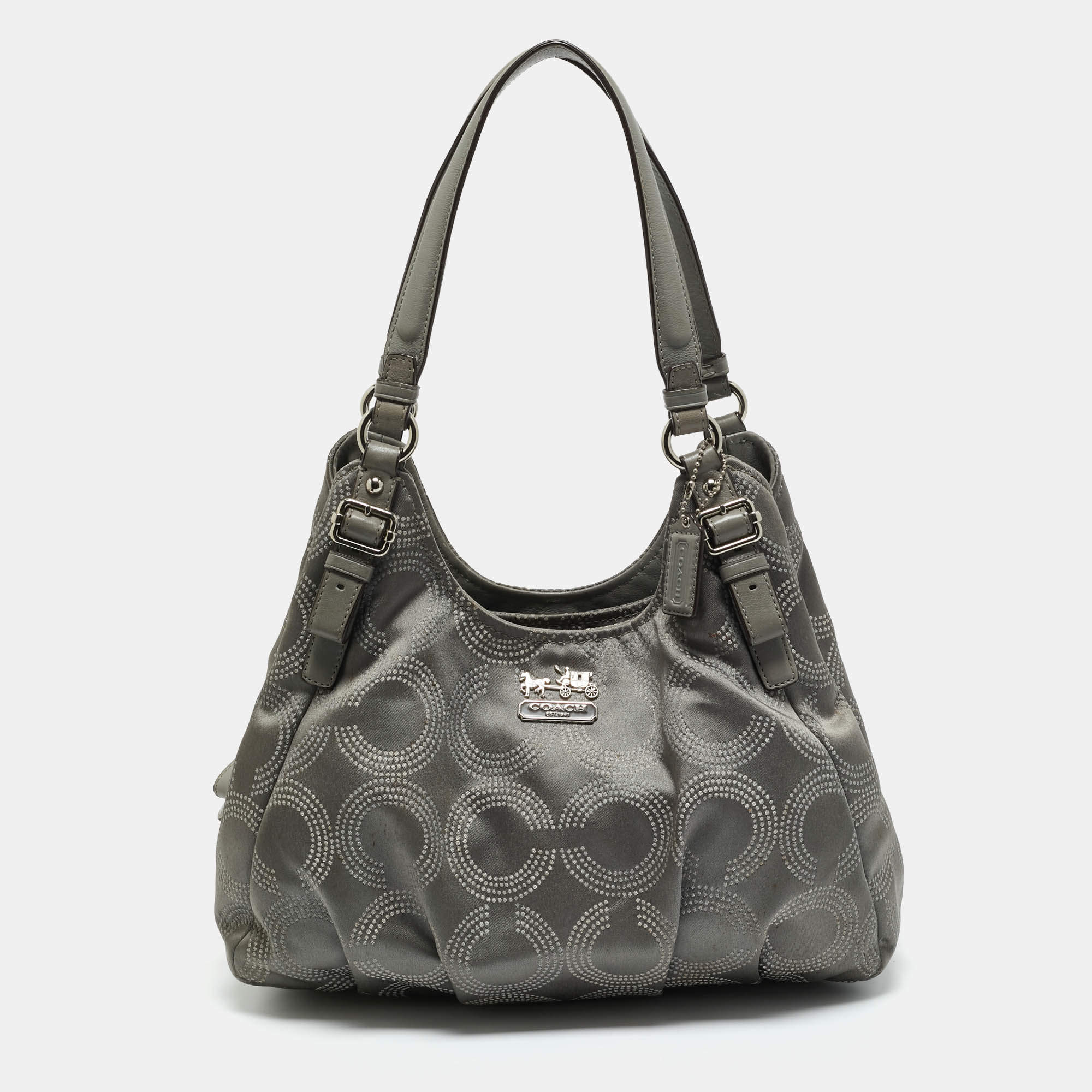 Pre Owned Coach Grey Signature Satin and Leather Madison Maggie Hobo