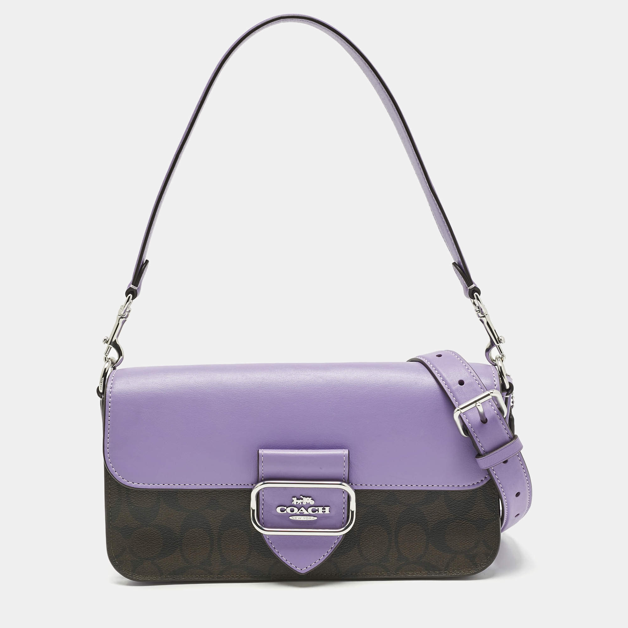 Pre Owned Coach Purple/Brown Signature Coated Canvas and Leather Morgan Crossbody Bag