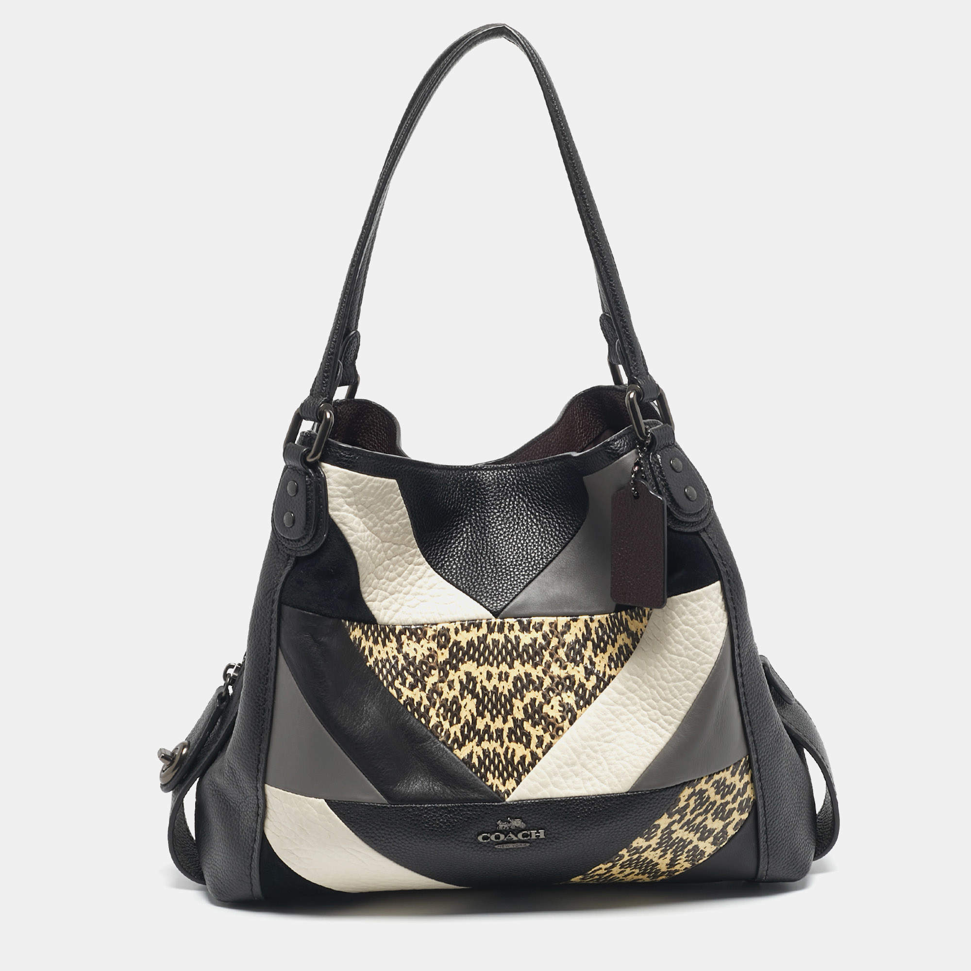 Pre Owned Coach Black Leather and Snakeskin Embossed Patchwork Edie Shoulder Bag